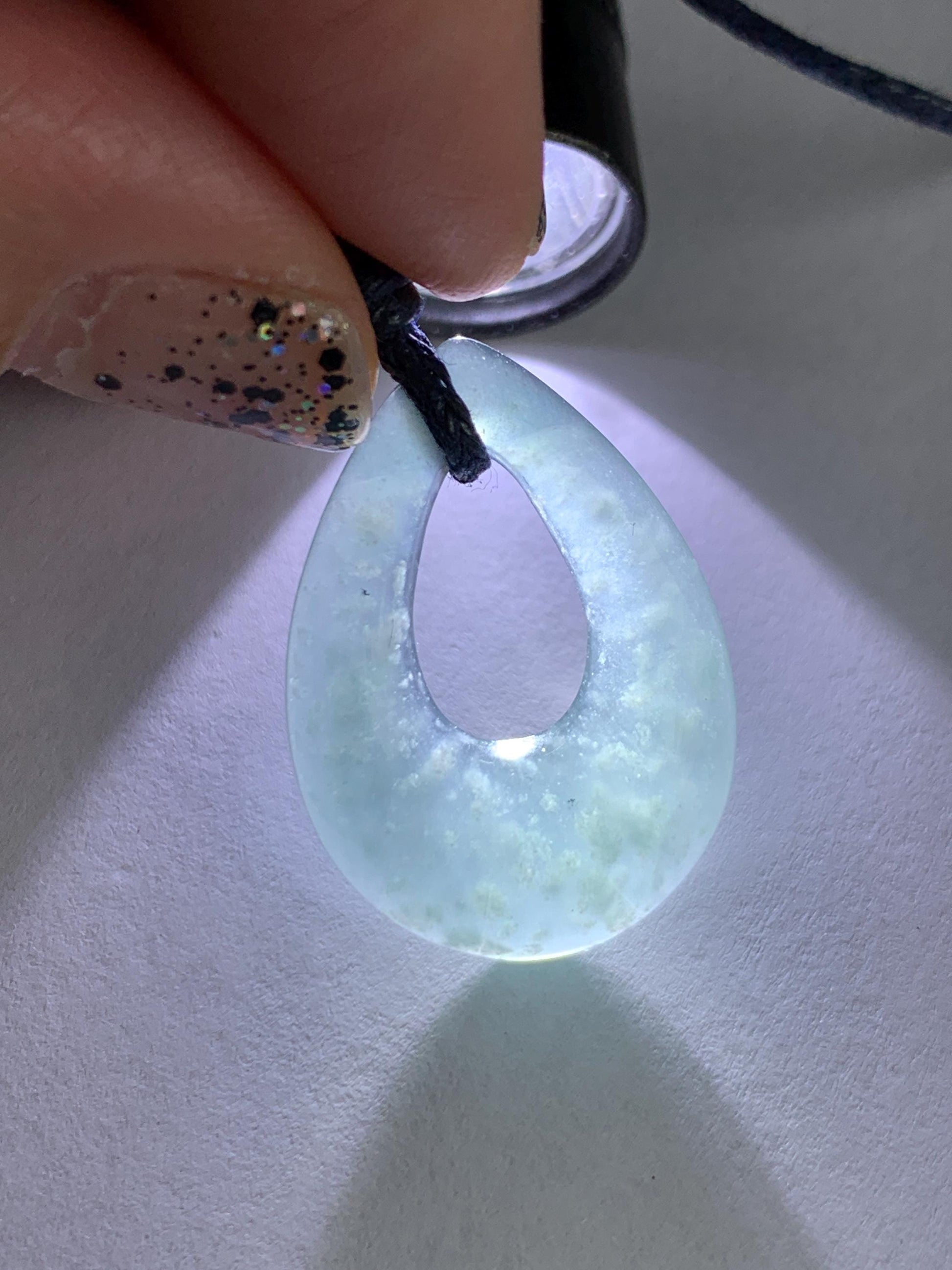 Natural Grade A Guatemalan Icy Highly Translucent Pastel Dusty Blue Jade Jadeite Teardrop Pendant Rope Bracelet 27” 天然冰危浅蓝翡翠小水滴项链WSD33B