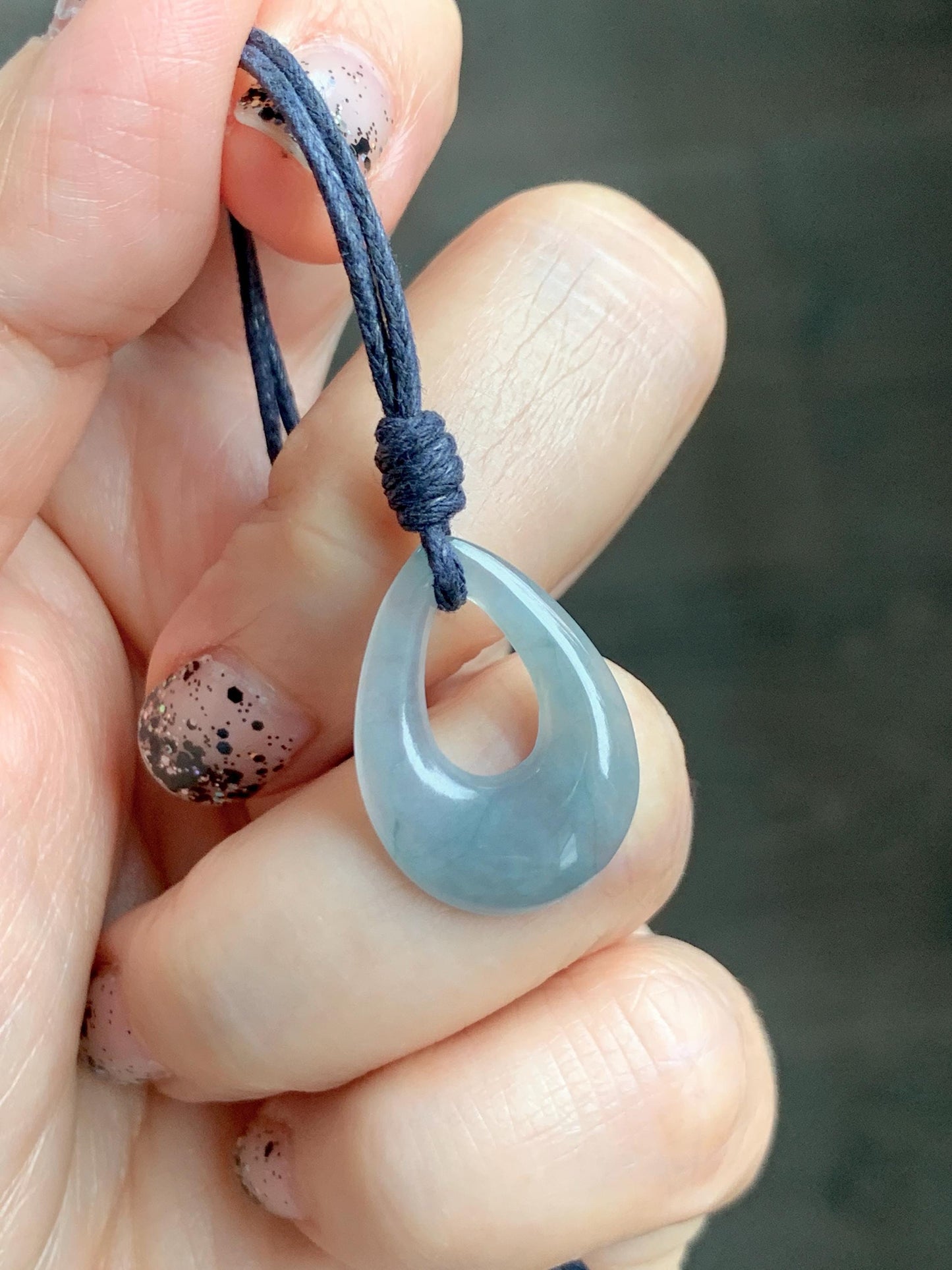 Natural Grade A Guatemalan Icy Highly Translucent Pastel Dusty Blue Jade Jadeite Teardrop Pendant Rope Bracelet 30” 天然冰危浅蓝翡翠小水滴项链WSD33C