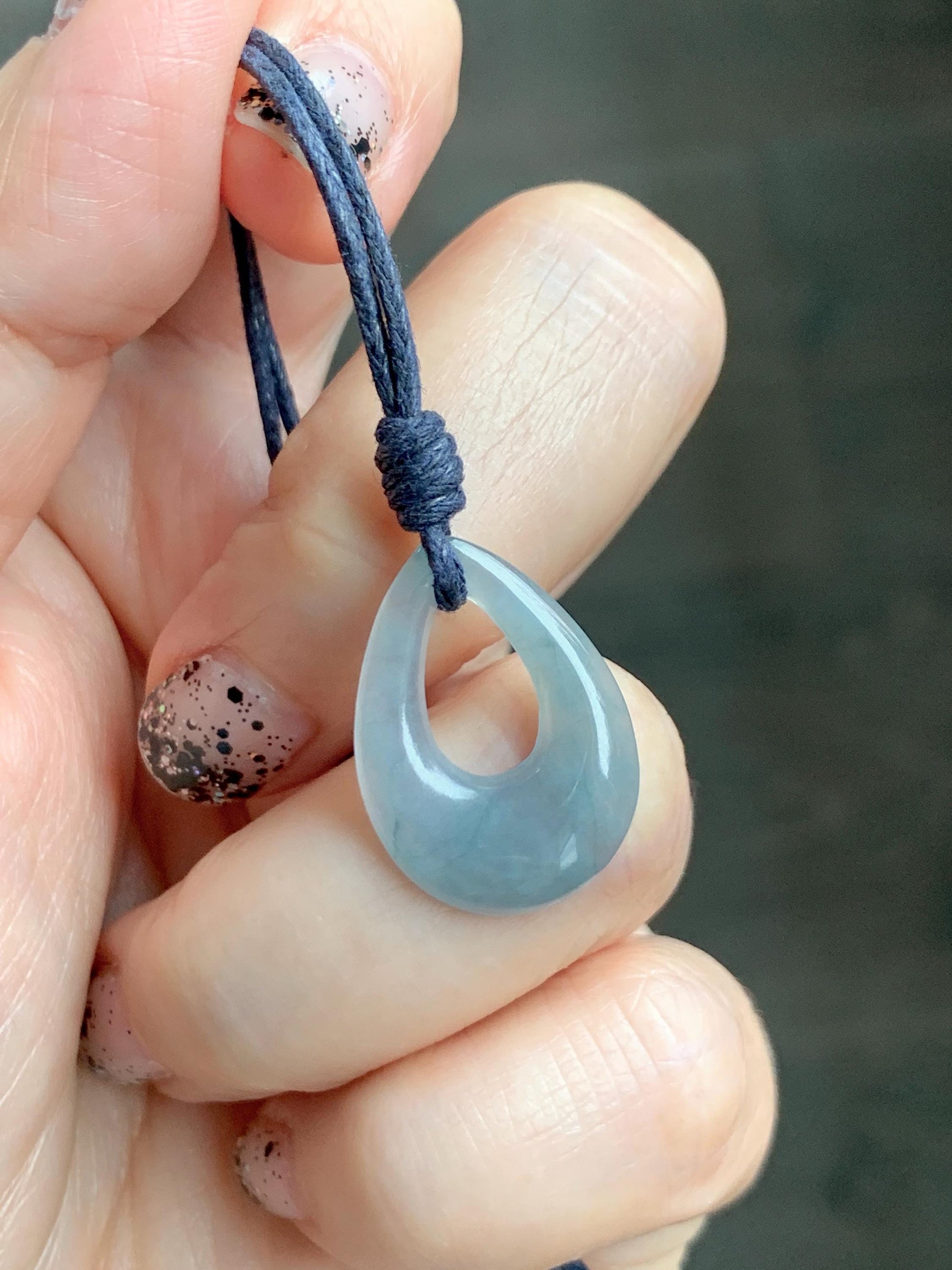 Natural Grade A Guatemalan Icy Highly Translucent Pastel Dusty Blue Jade Jadeite Teardrop Pendant Rope Bracelet 30” 天然冰危浅蓝翡翠小水滴项链WSD33C