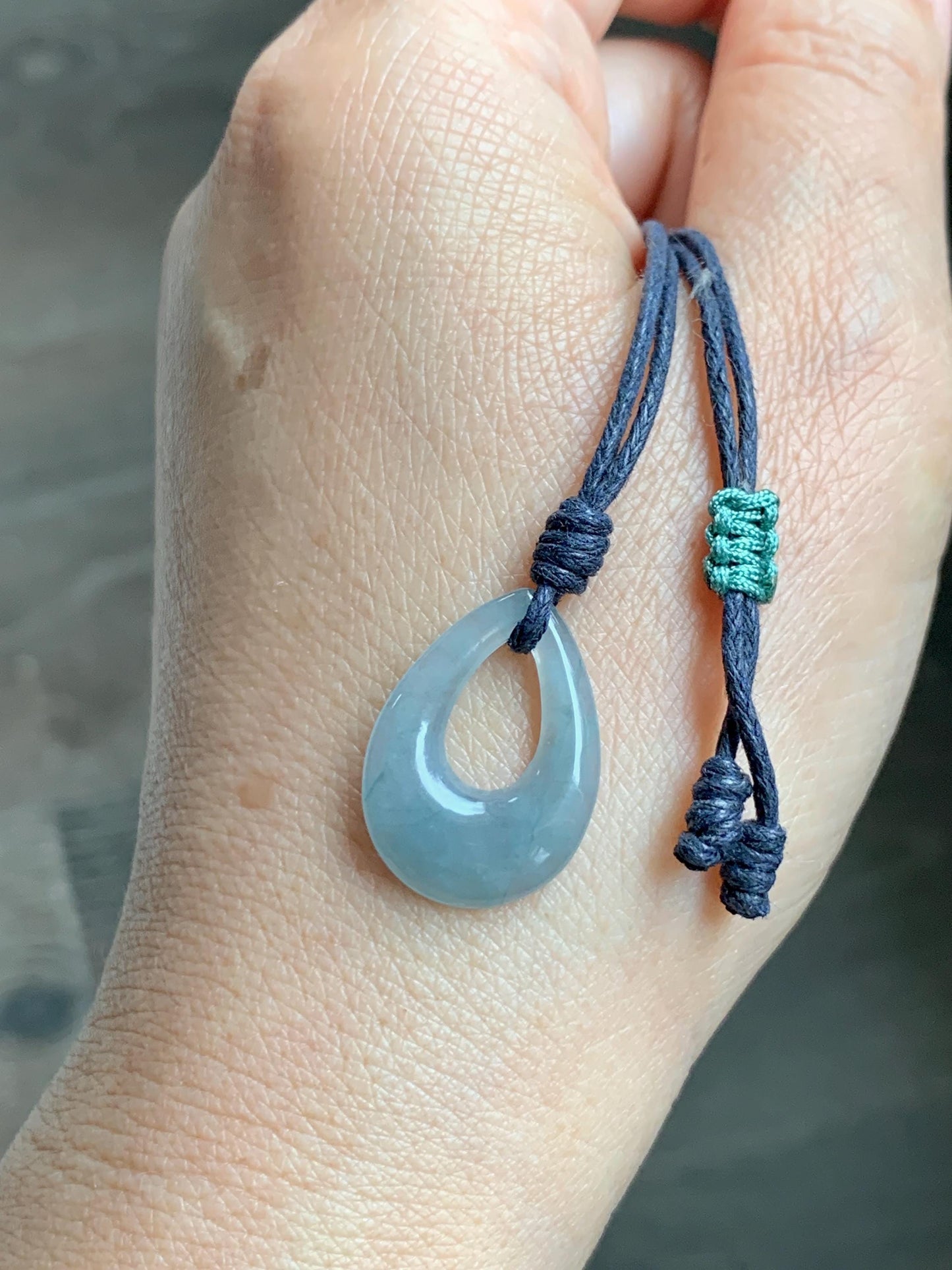 Natural Grade A Guatemalan Icy Highly Translucent Pastel Dusty Blue Jade Jadeite Teardrop Pendant Rope Bracelet 30” 天然冰危浅蓝翡翠小水滴项链WSD33C