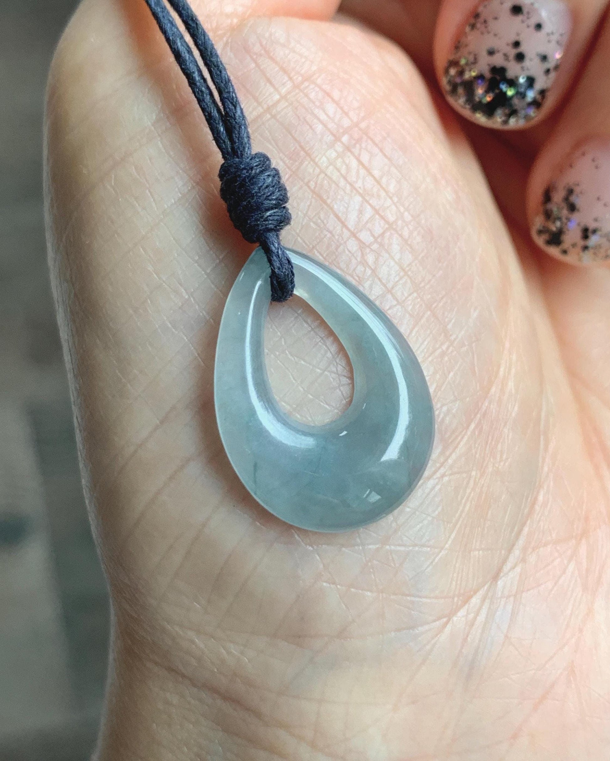 Natural Grade A Guatemalan Icy Highly Translucent Pastel Dusty Blue Jade Jadeite Teardrop Pendant Rope Bracelet 30” 天然冰危浅蓝翡翠小水滴项链WSD33C