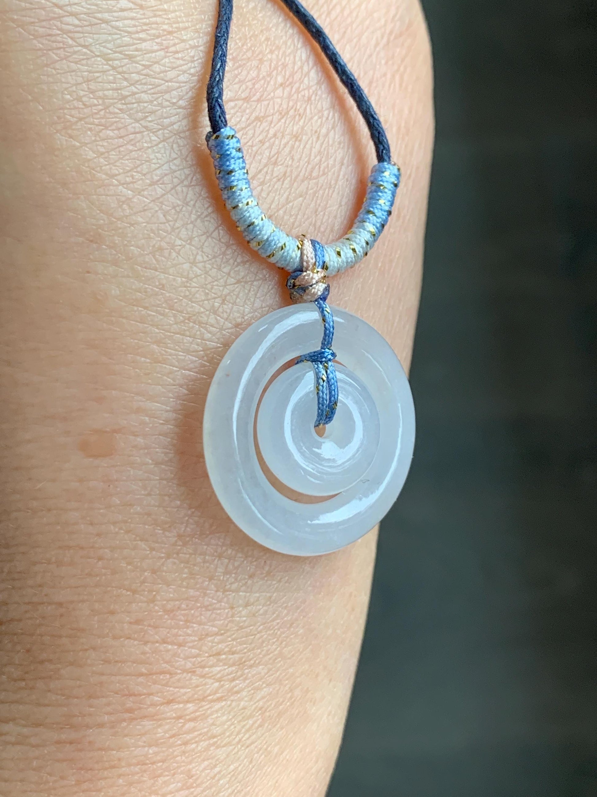 Natural Grade A Icy Translucent White Jade Jadeite Mother-and-Child Ping An Kou Donut Pendant Rope Necklace 28” 6g 天然白冰胶翡翠子母扣吊坠 MZM268A