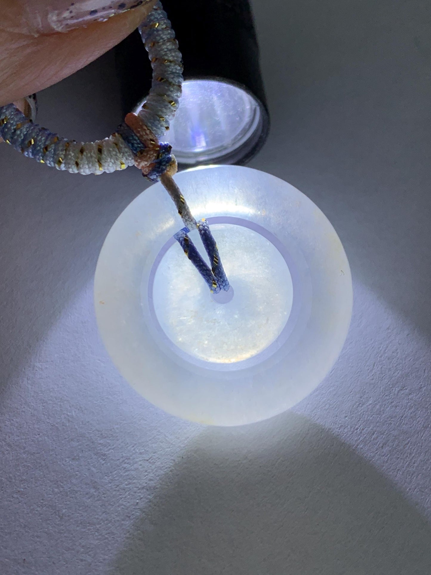 Natural Grade A Icy Translucent White Jade Jadeite Mother-and-Child Ping An Kou Donut Pendant Rope Necklace 28” 6g 天然白冰胶翡翠子母扣吊坠 MZM268A