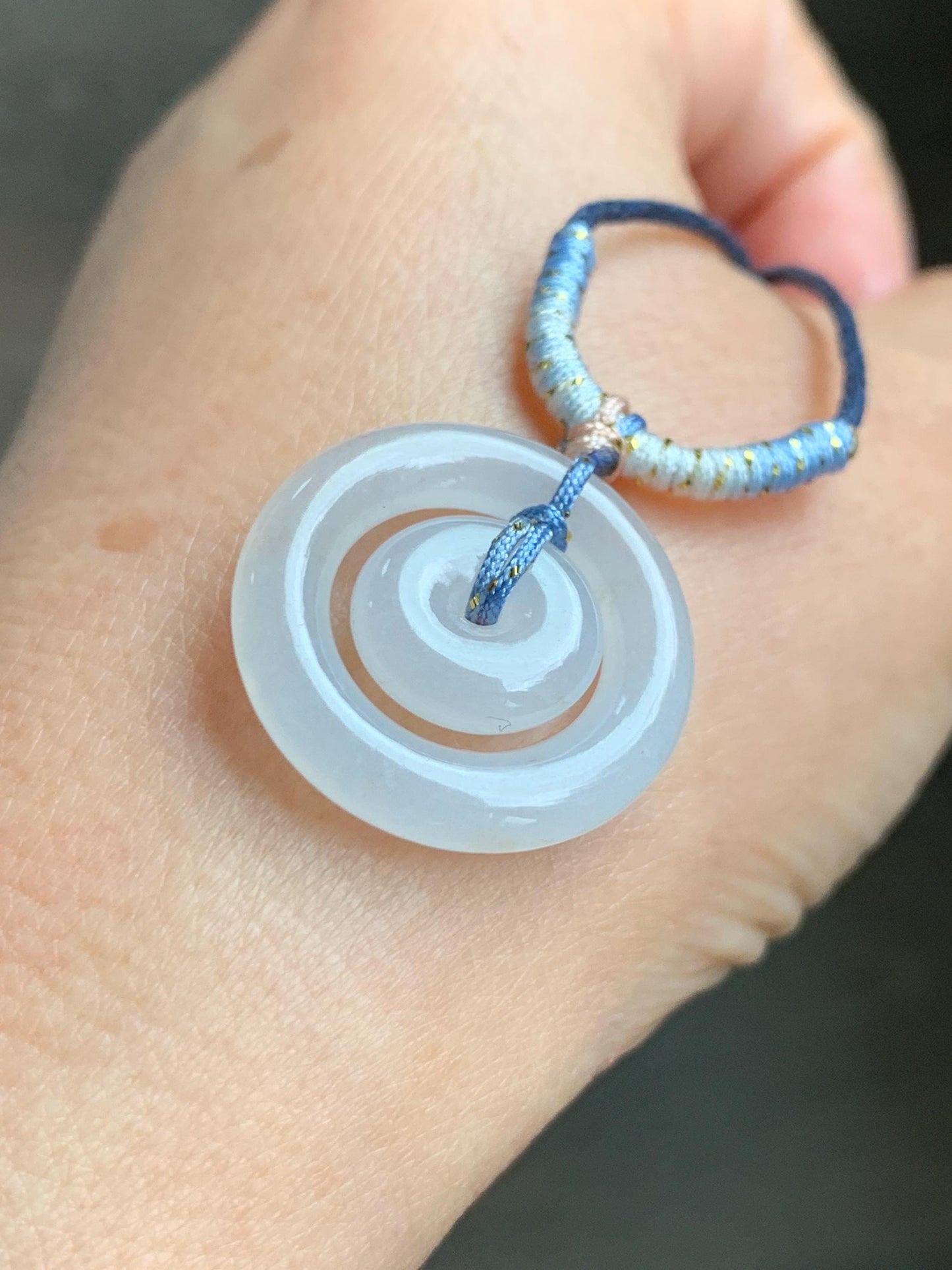 Natural Grade A Icy Translucent White Jade Jadeite Mother-and-Child Ping An Kou Donut Pendant Rope Necklace 28” 6g 天然白冰胶翡翠子母扣吊坠 MZM268A