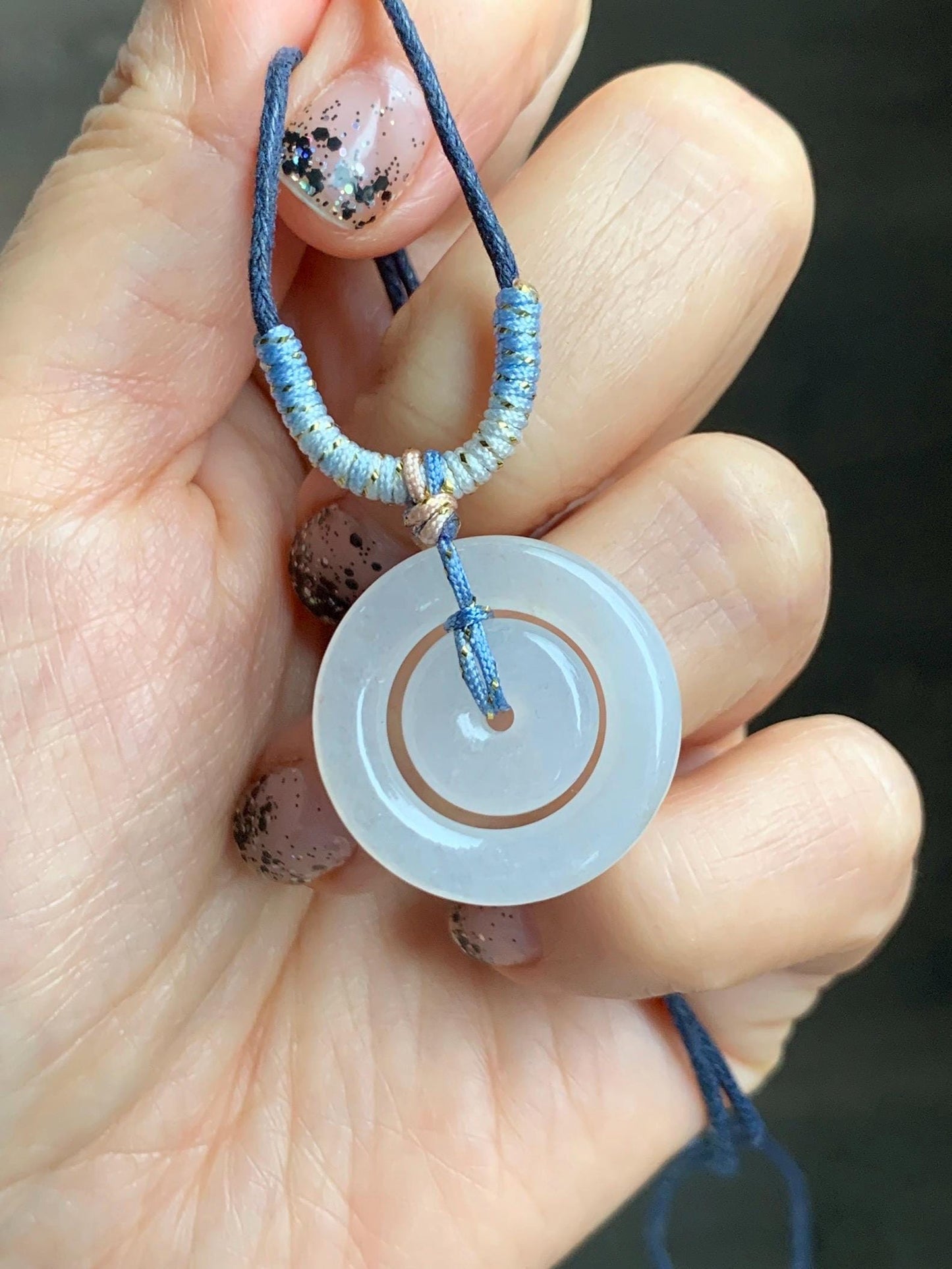 Natural Grade A Icy Translucent White Jade Jadeite Mother-and-Child Ping An Kou Donut Pendant Rope Necklace 28” 6g 天然白冰胶翡翠子母扣吊坠 MZM268A