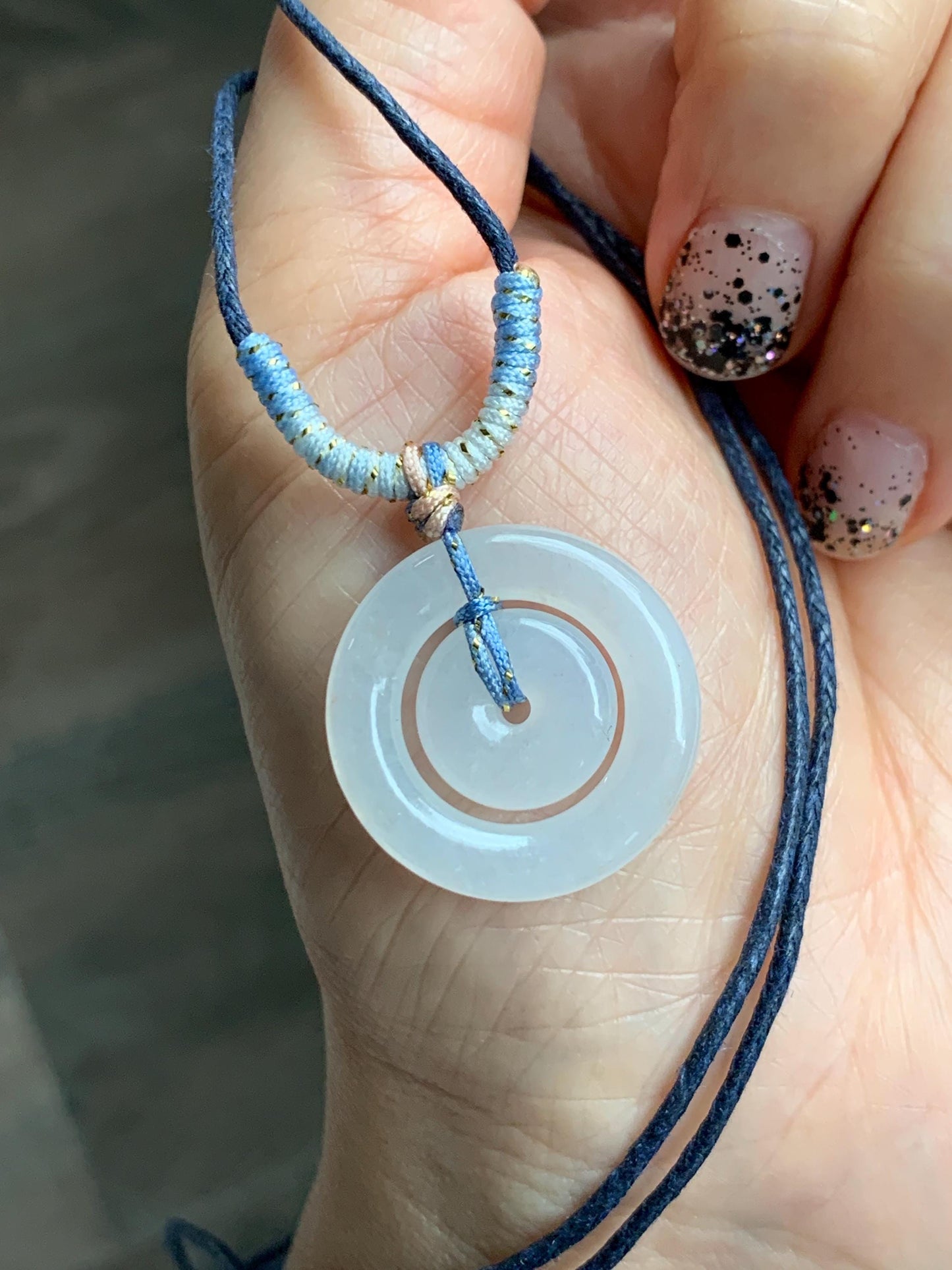 Natural Grade A Icy Translucent White Jade Jadeite Mother-and-Child Ping An Kou Donut Pendant Rope Necklace 28” 6g 天然白冰胶翡翠子母扣吊坠 MZM268A