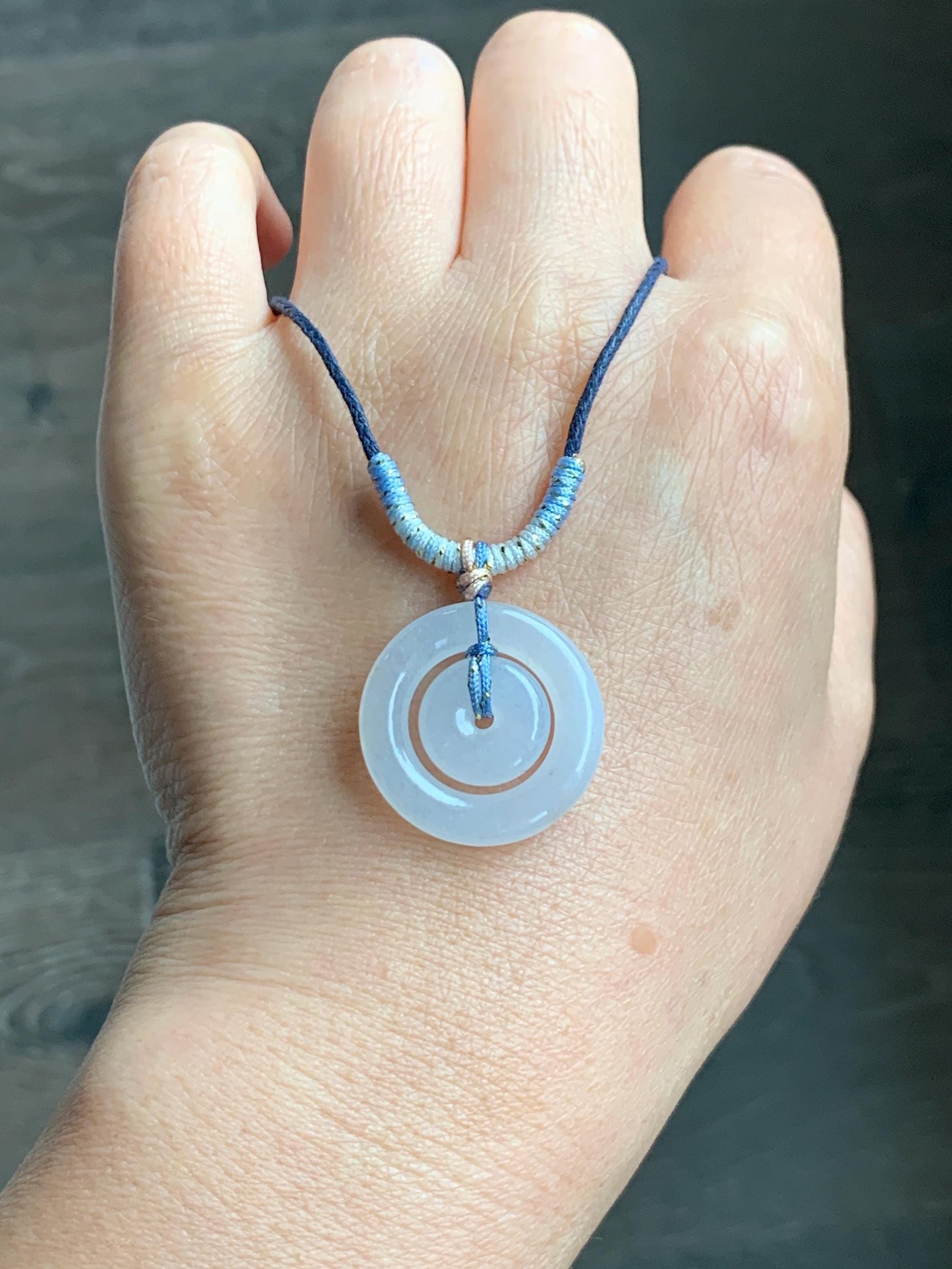 Natural Grade A Icy Translucent White Jade Jadeite Mother-and-Child Ping An Kou Donut Pendant Rope Necklace 28” 6g 天然白冰胶翡翠子母扣吊坠 MZM268A