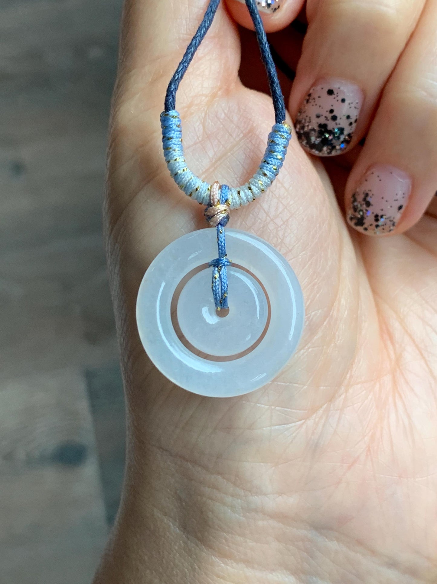 Natural Grade A Icy Translucent White Jade Jadeite Mother-and-Child Ping An Kou Donut Pendant Rope Necklace 28” 6g 天然白冰胶翡翠子母扣吊坠 MZM268A