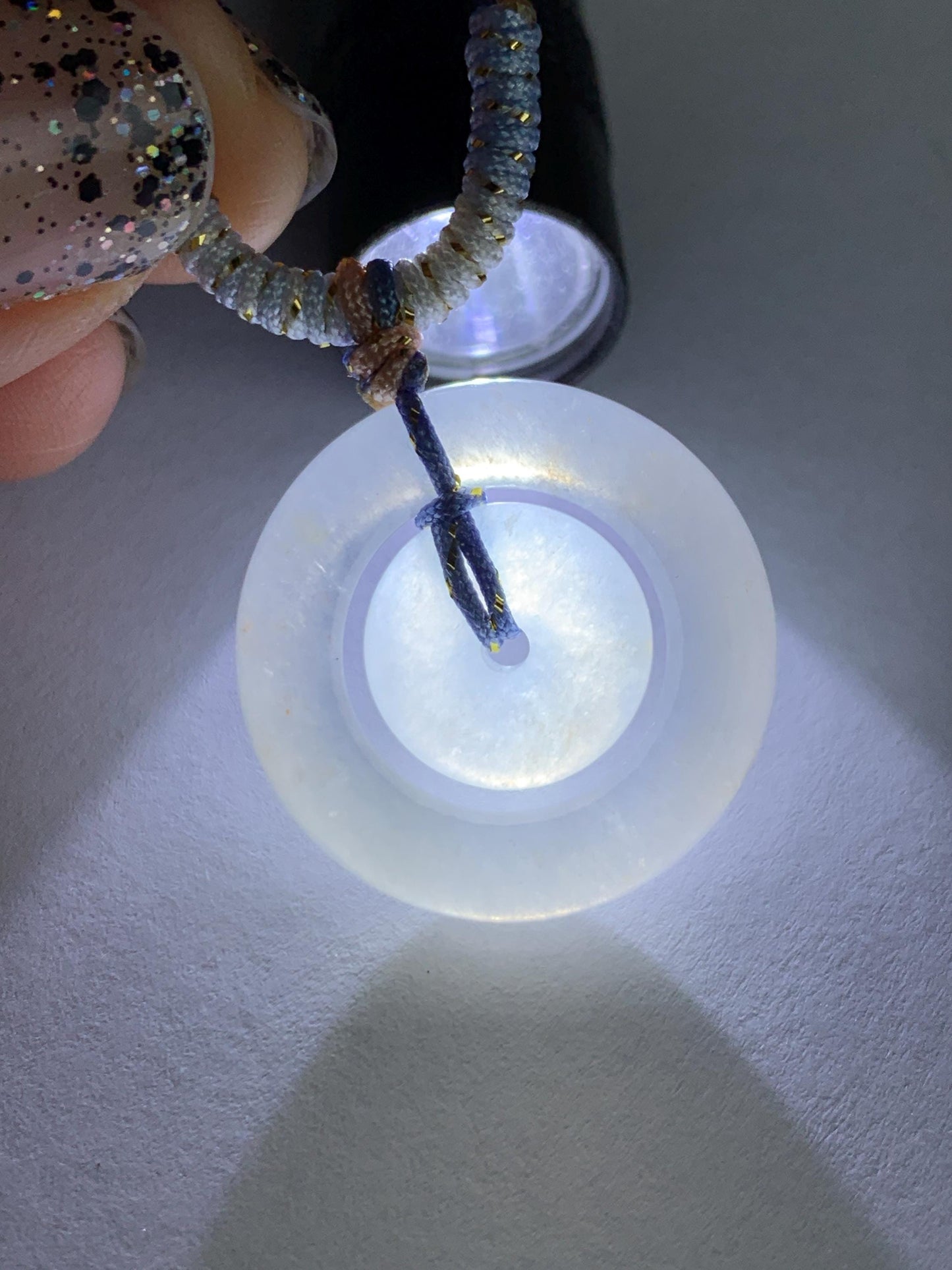 Natural Grade A Icy Translucent White Jade Jadeite Mother-and-Child Ping An Kou Donut Pendant Rope Necklace 28” 6g 天然白冰胶翡翠子母扣吊坠 MZM268A