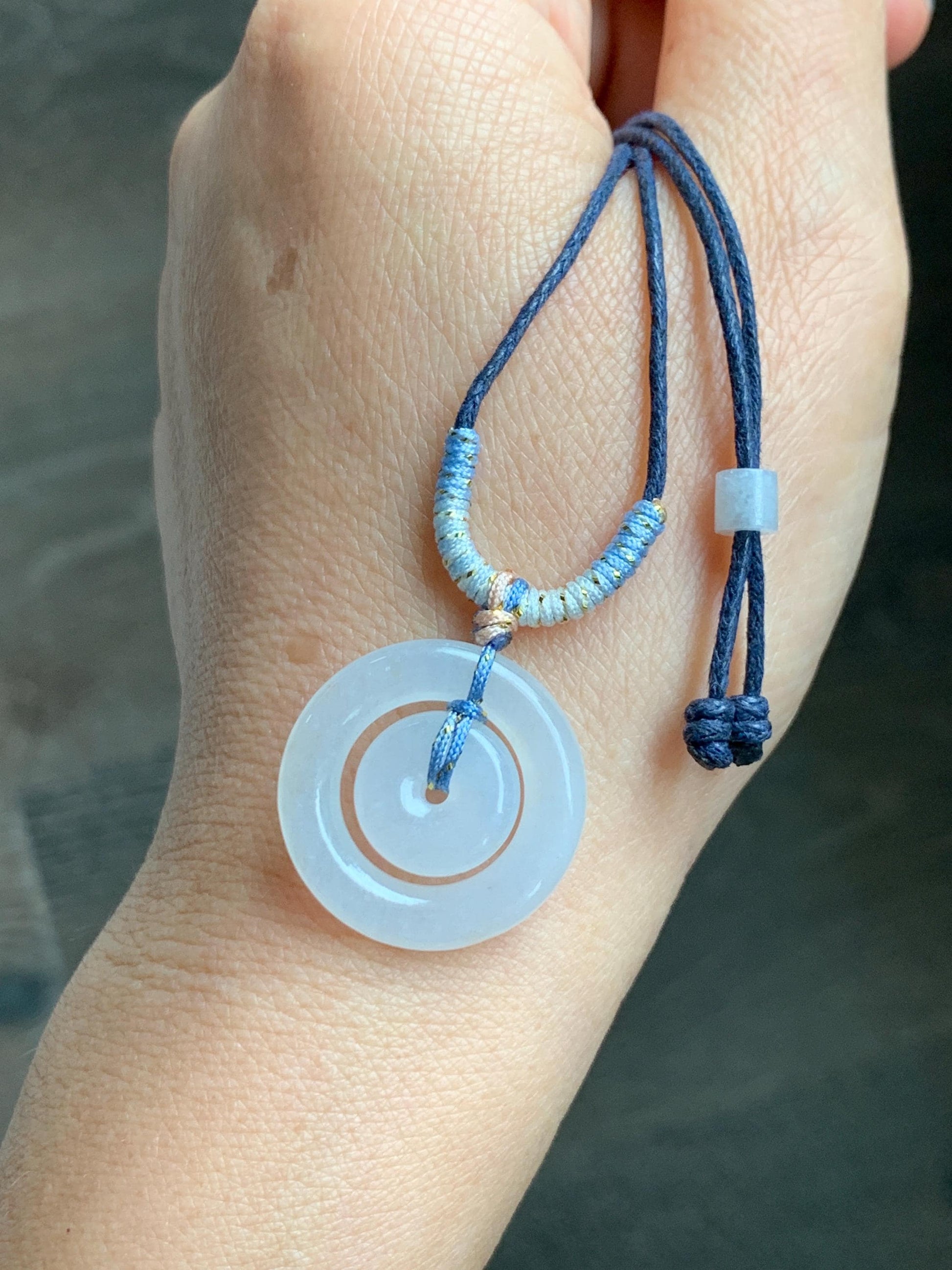 Natural Grade A Icy Translucent White Jade Jadeite Mother-and-Child Ping An Kou Donut Pendant Rope Necklace 28” 6g 天然白冰胶翡翠子母扣吊坠 MZM268A