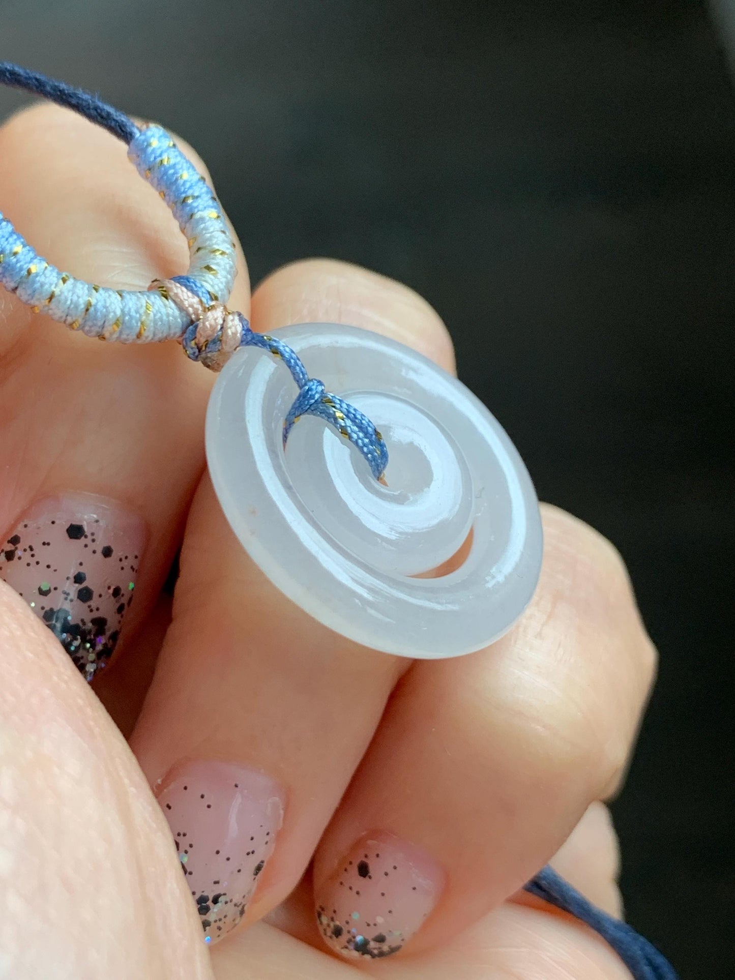 Natural Grade A Icy Translucent White Jade Jadeite Mother-and-Child Ping An Kou Donut Pendant Rope Necklace 28” 6g 天然白冰胶翡翠子母扣吊坠 MZM268A