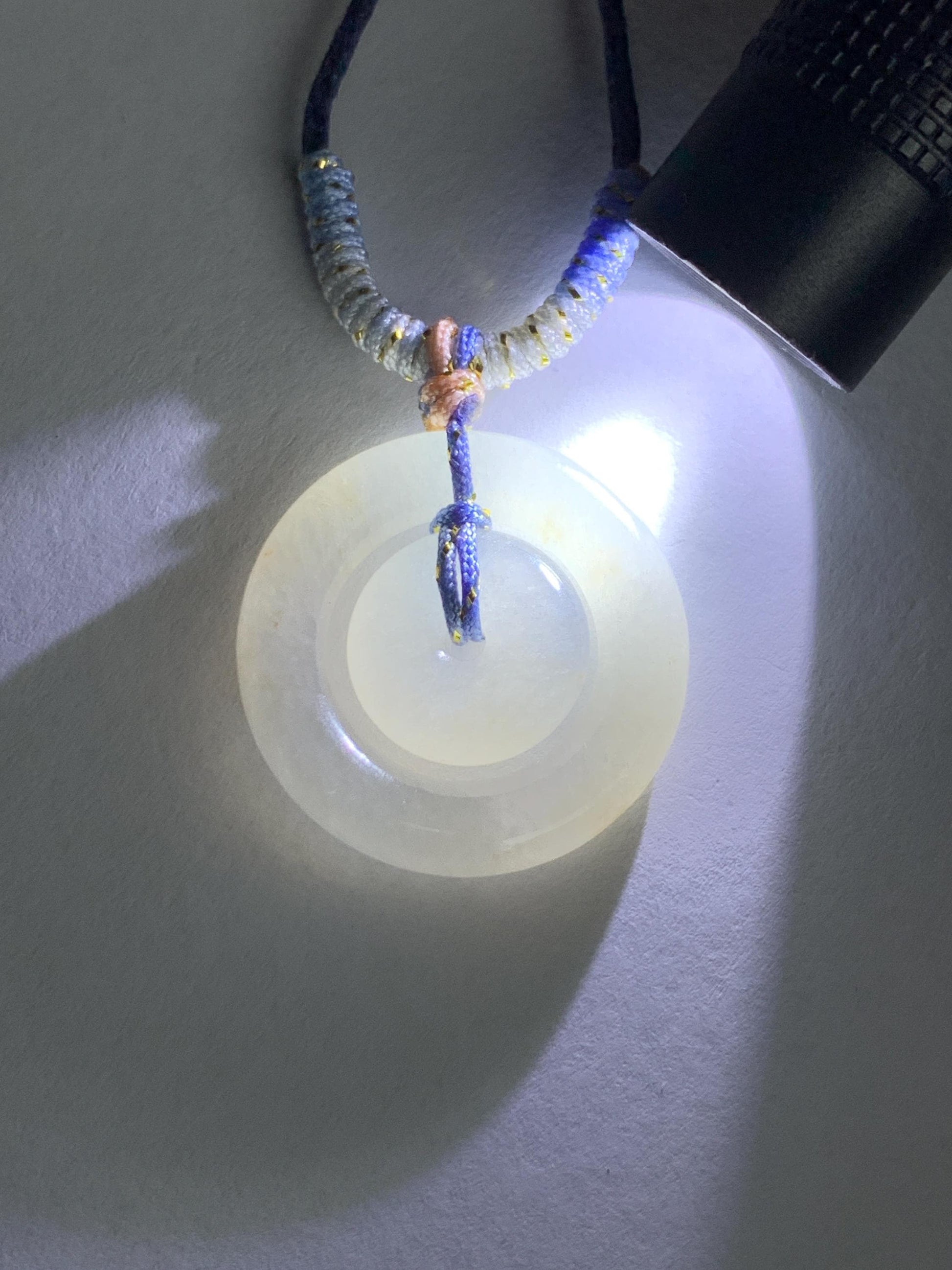 Natural Grade A Icy Translucent White Jade Jadeite Mother-and-Child Ping An Kou Donut Pendant Rope Necklace 28” 6g 天然白冰胶翡翠子母扣吊坠 MZM268A