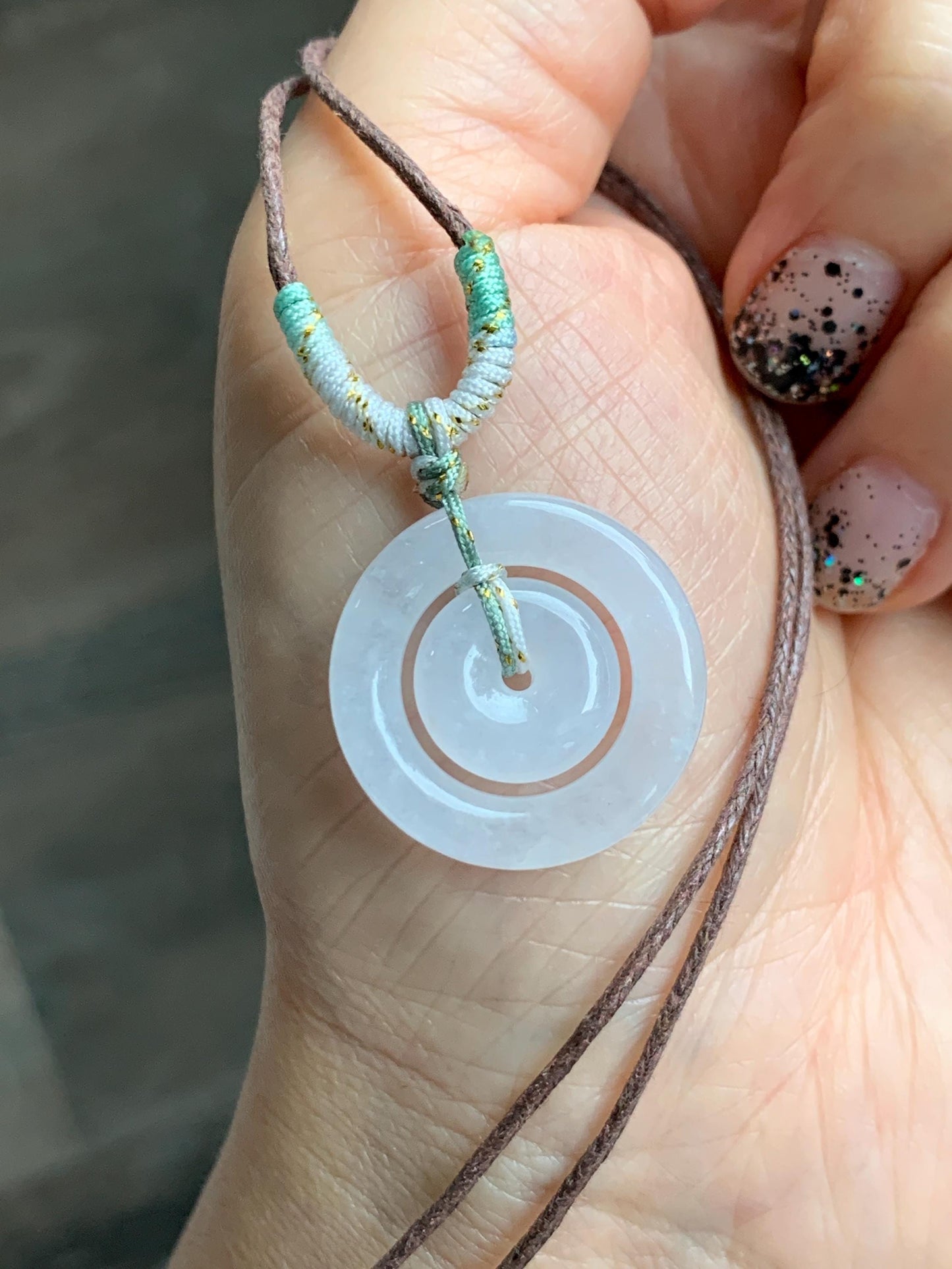 Natural Grade A Icy Translucent White Jade Jadeite Mother-and-Child Ping An Kou Donut Pendant Rope Necklace 28” 6g 天然白冰胶翡翠子母扣吊坠 MZM268B