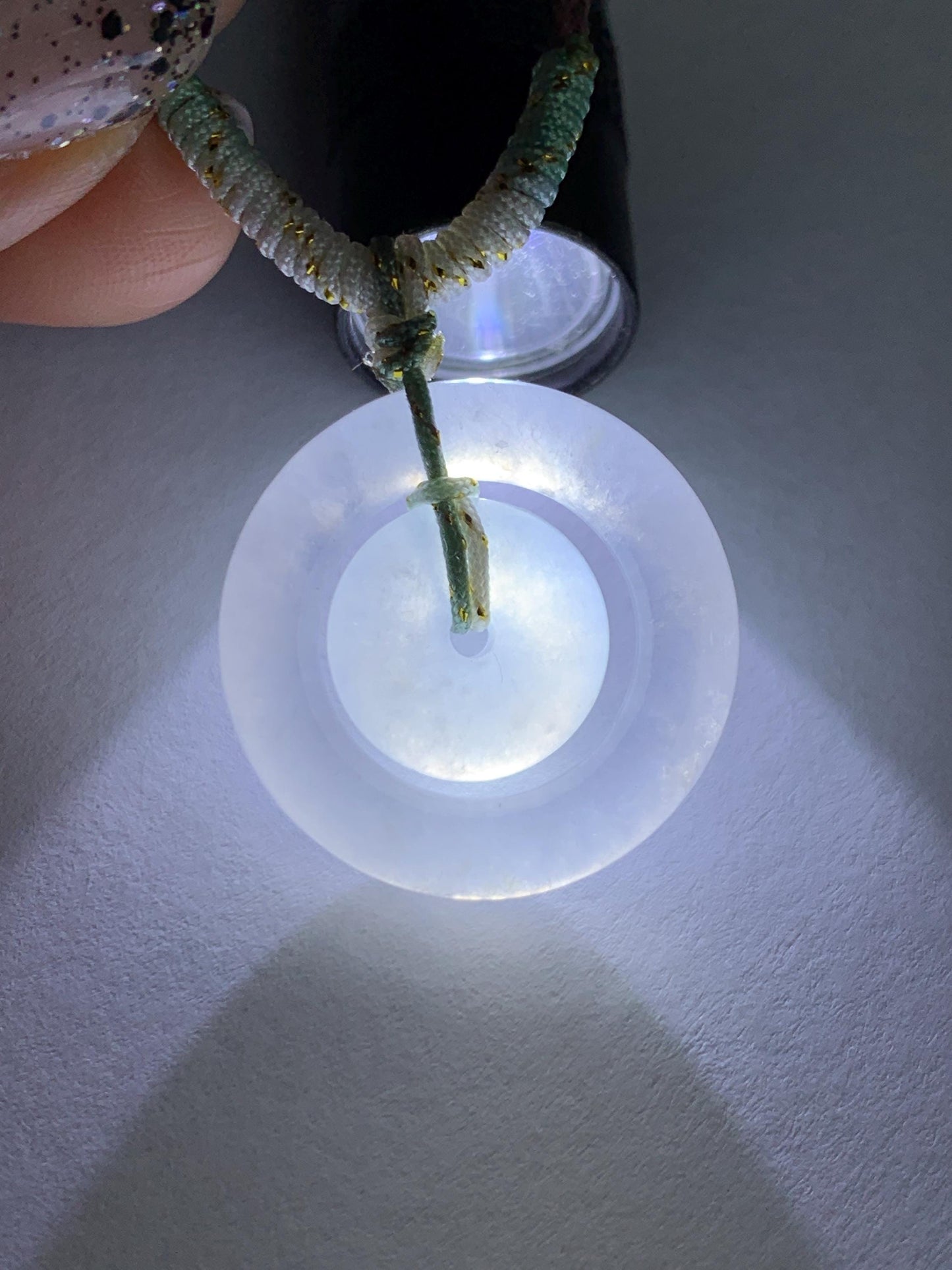 Natural Grade A Icy Translucent White Jade Jadeite Mother-and-Child Ping An Kou Donut Pendant Rope Necklace 28” 6g 天然白冰胶翡翠子母扣吊坠 MZM268B