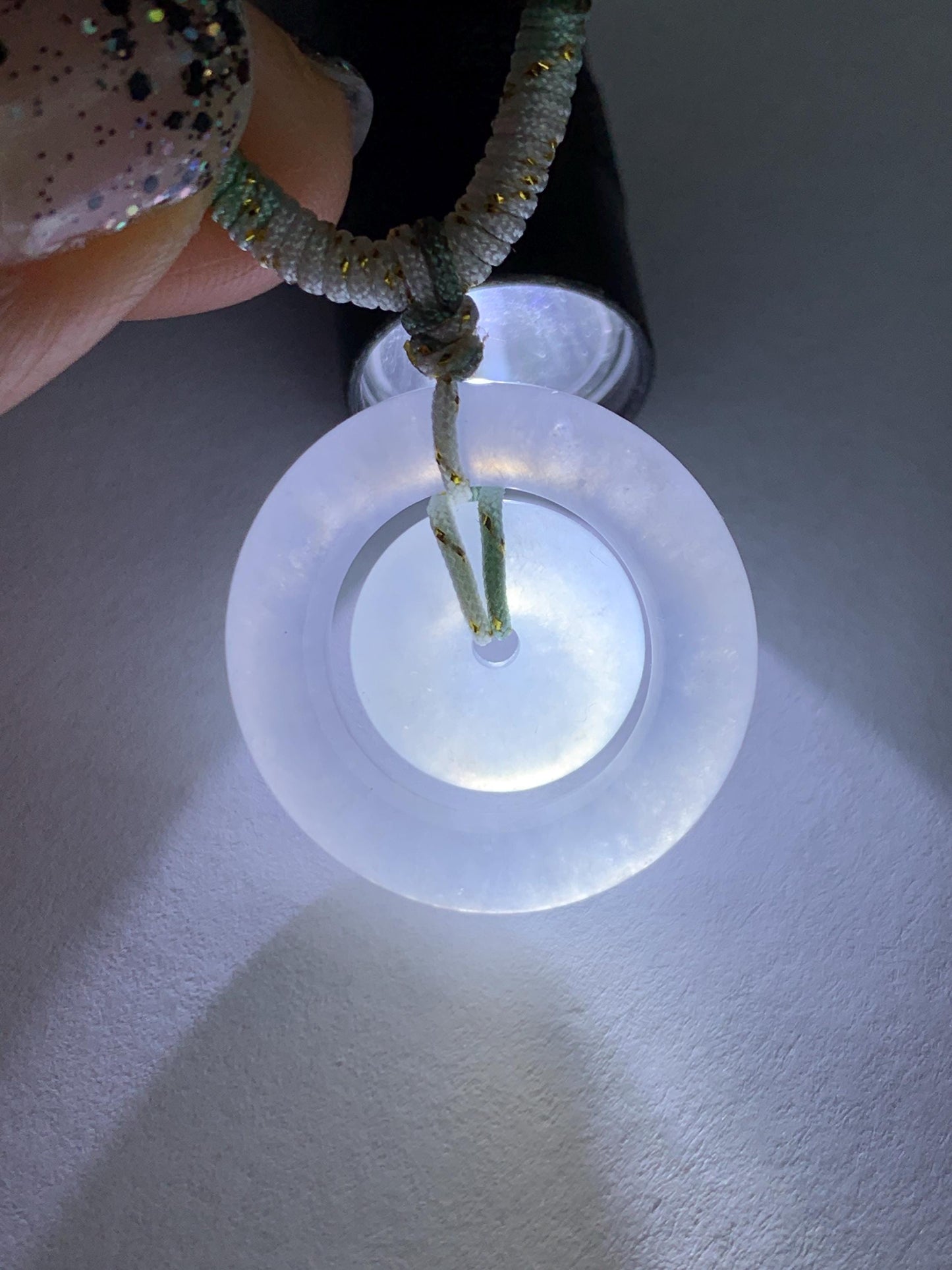 Natural Grade A Icy Translucent White Jade Jadeite Mother-and-Child Ping An Kou Donut Pendant Rope Necklace 28” 6g 天然白冰胶翡翠子母扣吊坠 MZM268B