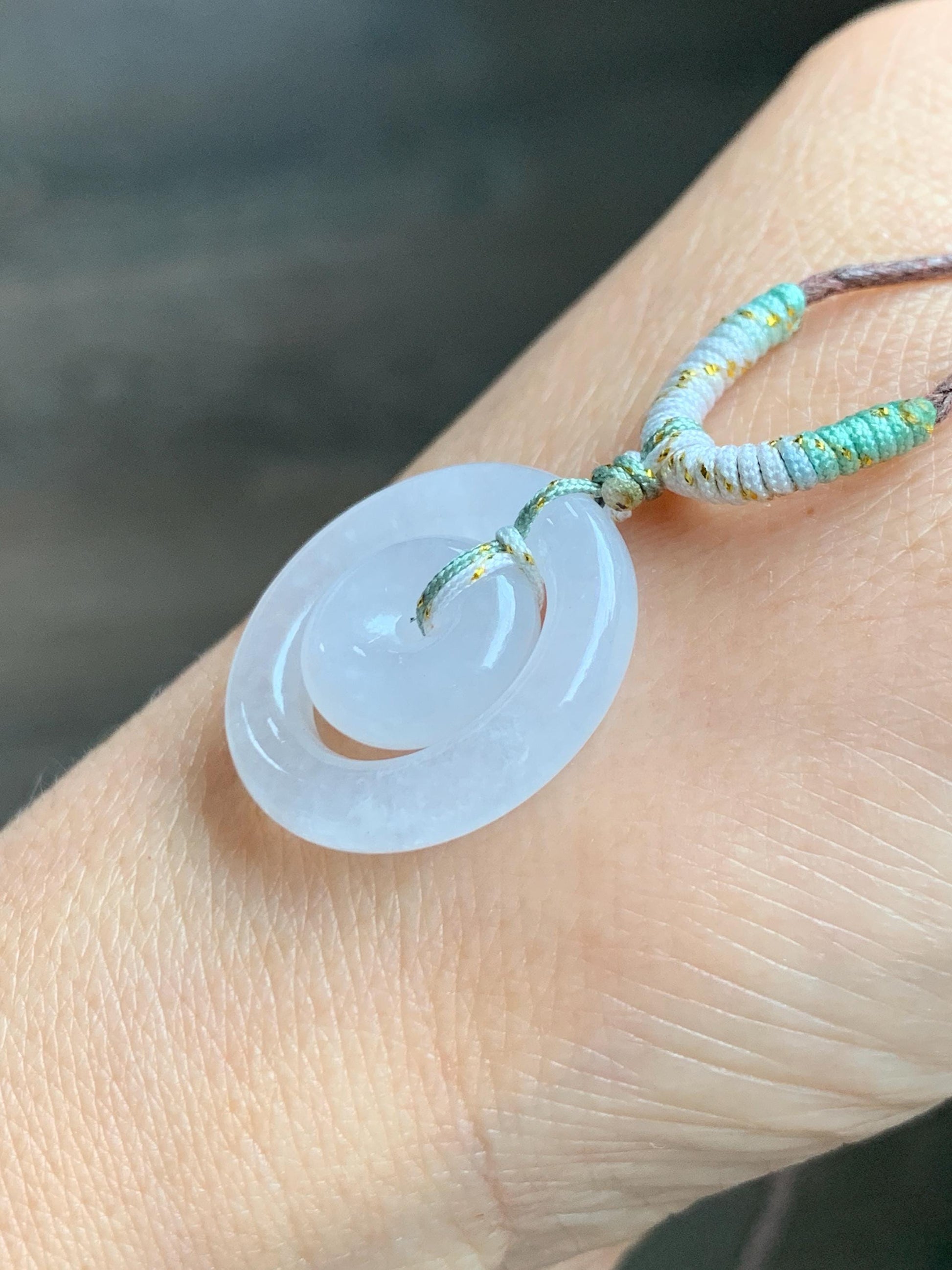 Natural Grade A Icy Translucent White Jade Jadeite Mother-and-Child Ping An Kou Donut Pendant Rope Necklace 28” 6g 天然白冰胶翡翠子母扣吊坠 MZM268B
