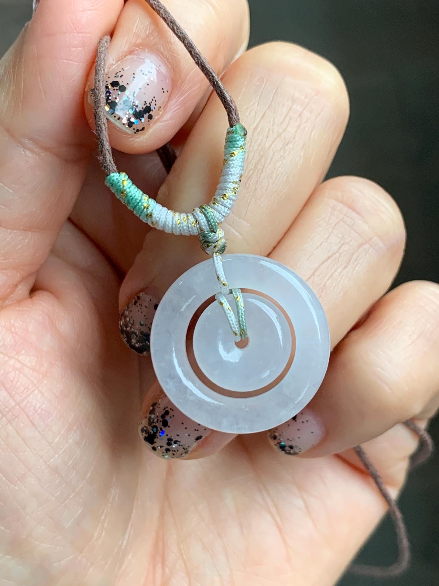 Natural Grade A Icy Translucent White Jade Jadeite Mother-and-Child Ping An Kou Donut Pendant Rope Necklace 28” 6g 天然白冰胶翡翠子母扣吊坠 MZM268B