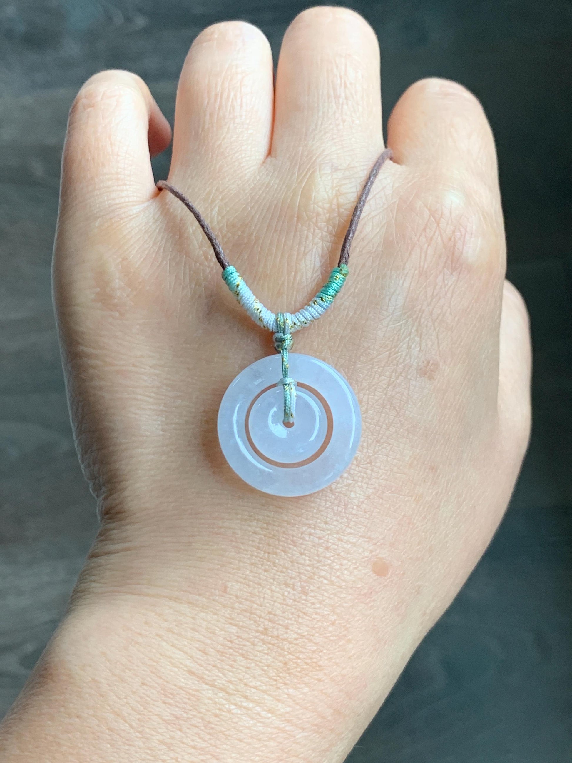 Natural Grade A Icy Translucent White Jade Jadeite Mother-and-Child Ping An Kou Donut Pendant Rope Necklace 28” 6g 天然白冰胶翡翠子母扣吊坠 MZM268B