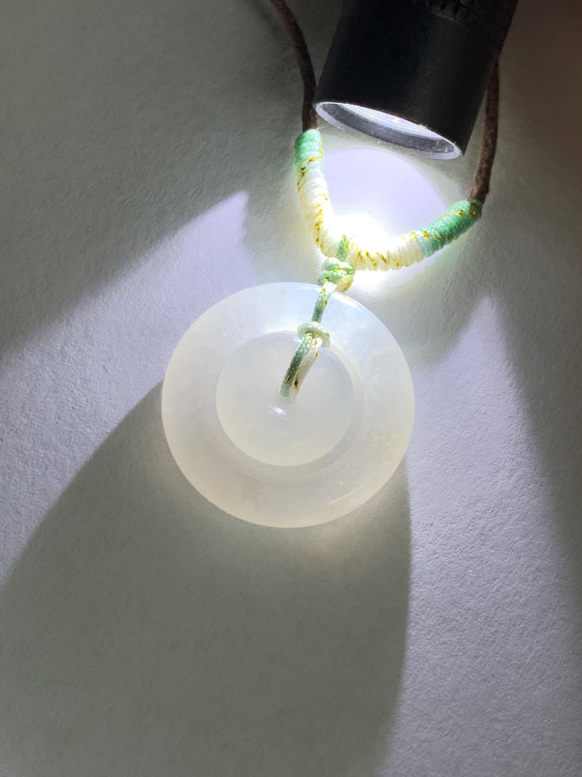 Natural Grade A Icy Translucent White Jade Jadeite Mother-and-Child Ping An Kou Donut Pendant Rope Necklace 28” 6g 天然白冰胶翡翠子母扣吊坠 MZM268B