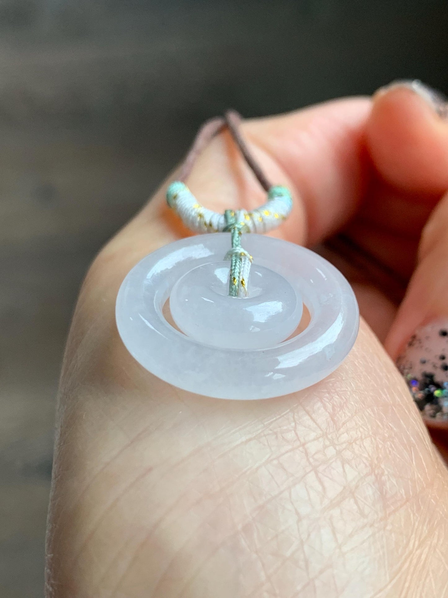 Natural Grade A Icy Translucent White Jade Jadeite Mother-and-Child Ping An Kou Donut Pendant Rope Necklace 28” 6g 天然白冰胶翡翠子母扣吊坠 MZM268B