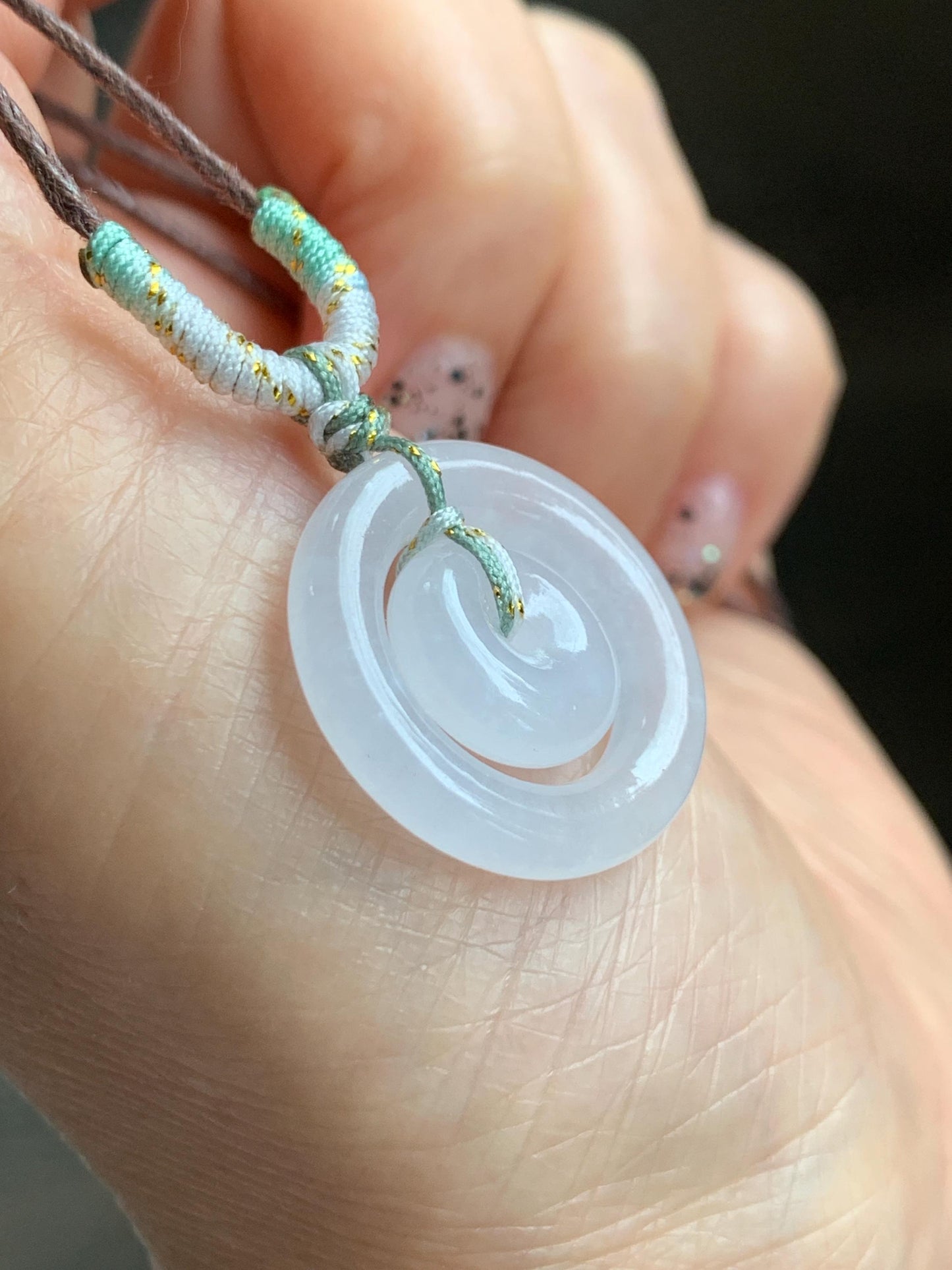 Natural Grade A Icy Translucent White Jade Jadeite Mother-and-Child Ping An Kou Donut Pendant Rope Necklace 28” 6g 天然白冰胶翡翠子母扣吊坠 MZM268B