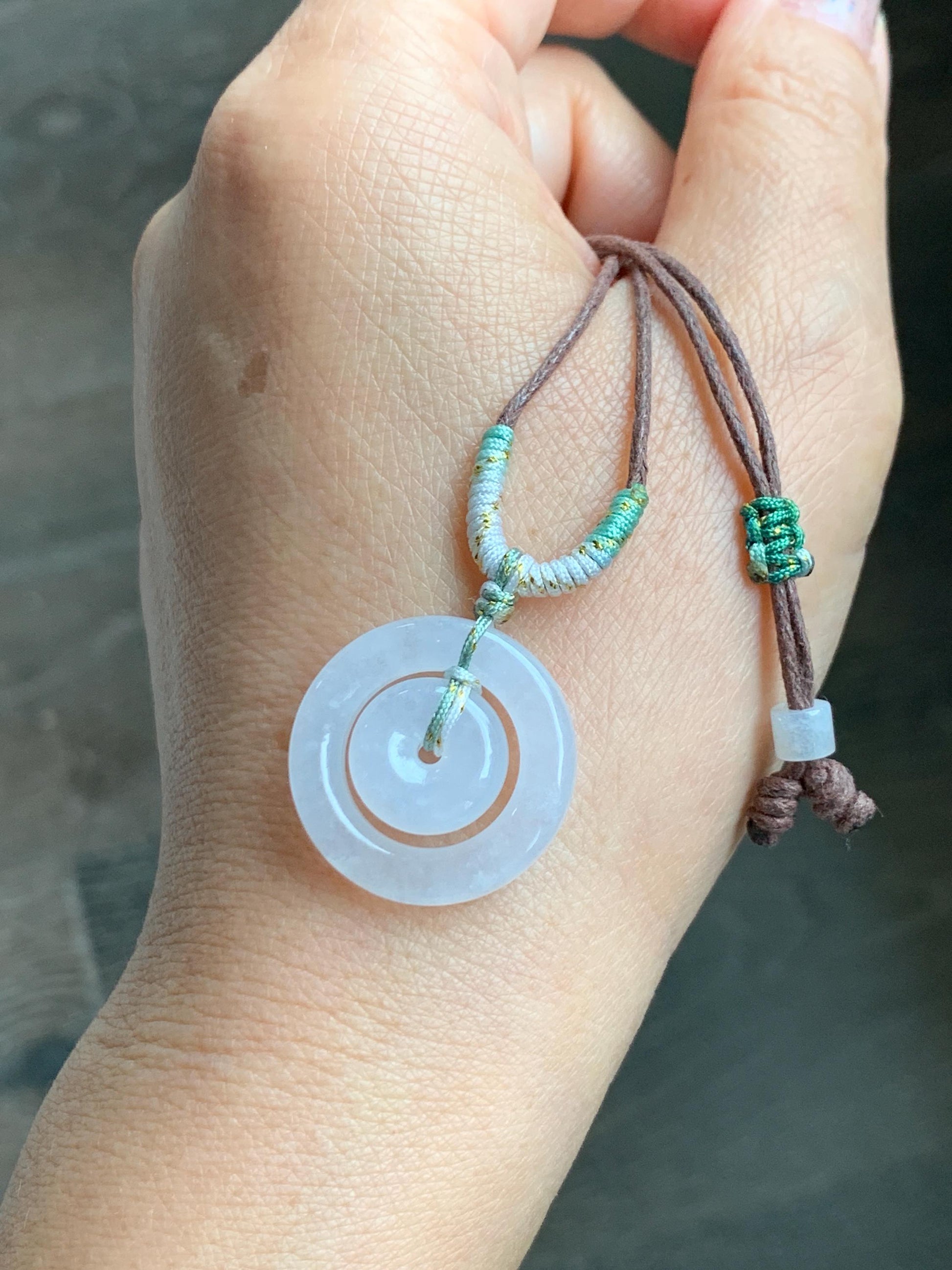 Natural Grade A Icy Translucent White Jade Jadeite Mother-and-Child Ping An Kou Donut Pendant Rope Necklace 28” 6g 天然白冰胶翡翠子母扣吊坠 MZM268B