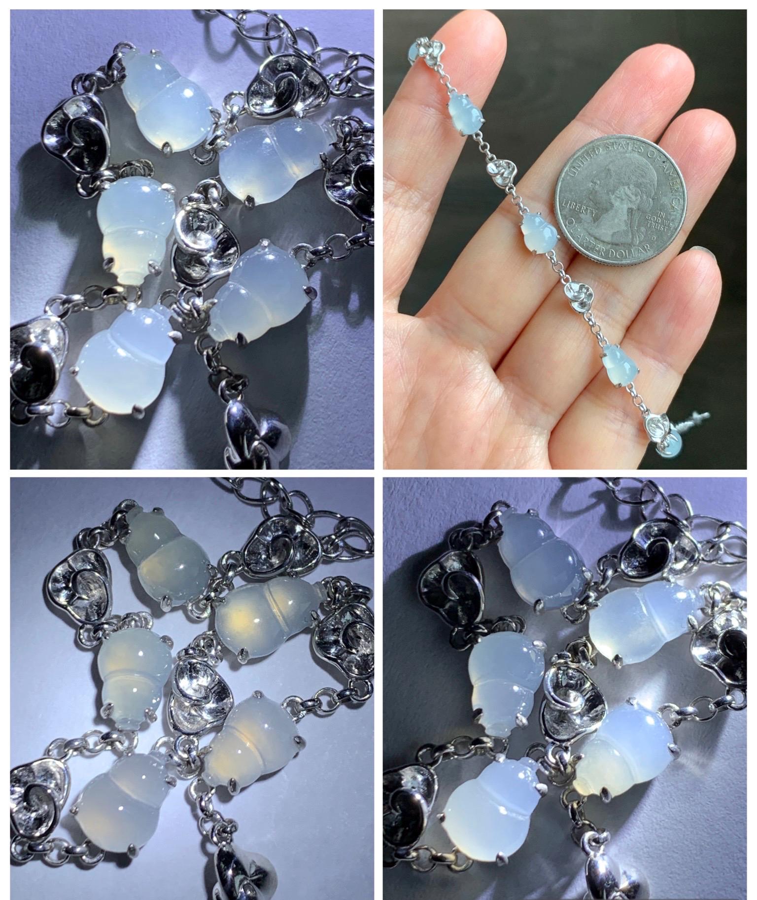 Certified Natural Grade A Icy Highly Translucent White Jade Jadeite Gourd Hulu Bracelet Sterling Silver 6.25-7.75” 天然冰胶起光白翡翠葫芦手链 165