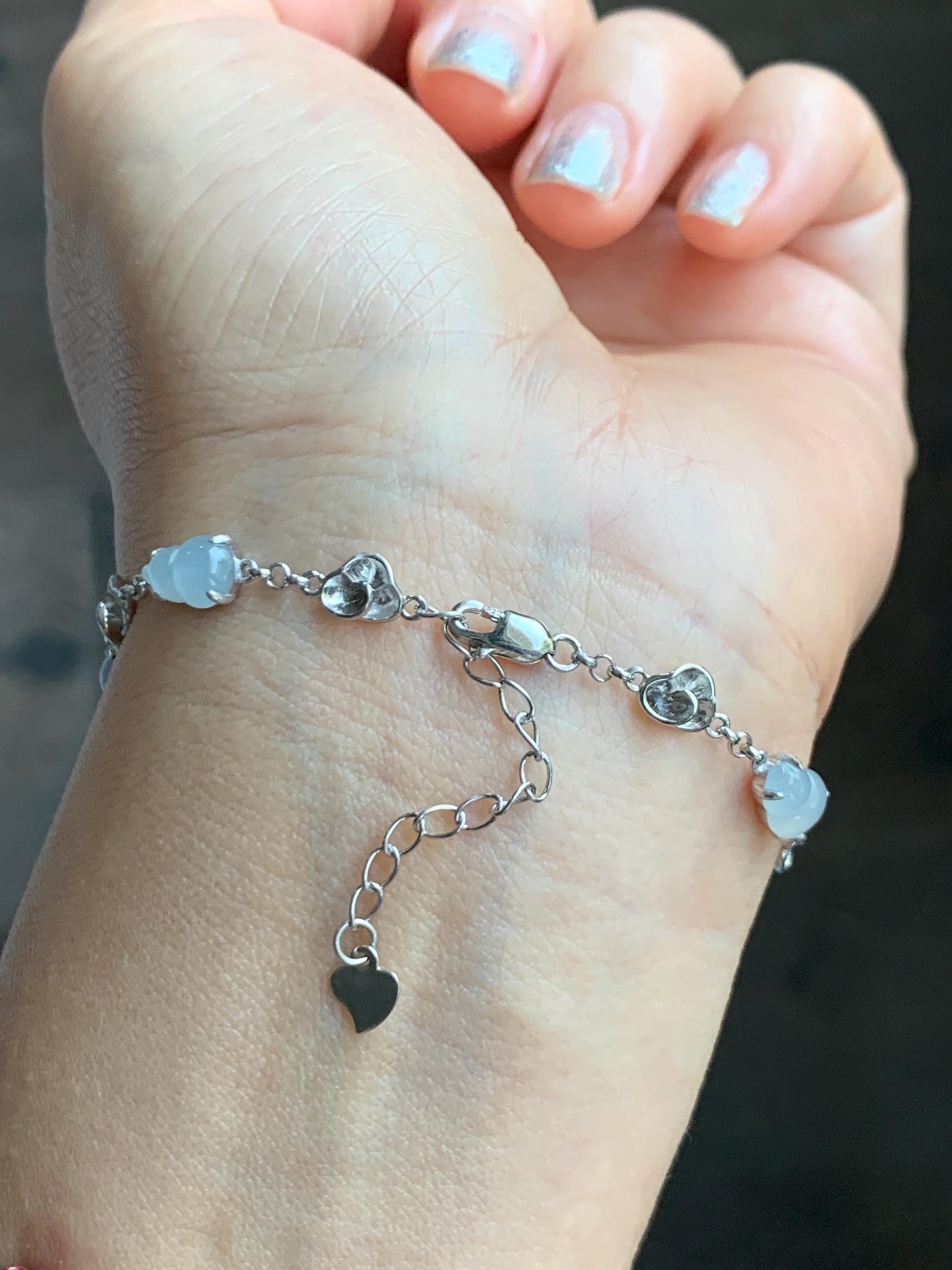 Certified Natural Grade A Icy Highly Translucent White Jade Jadeite Gourd Hulu Bracelet Sterling Silver 6.25-7.75” 天然冰胶起光白翡翠葫芦手链 165