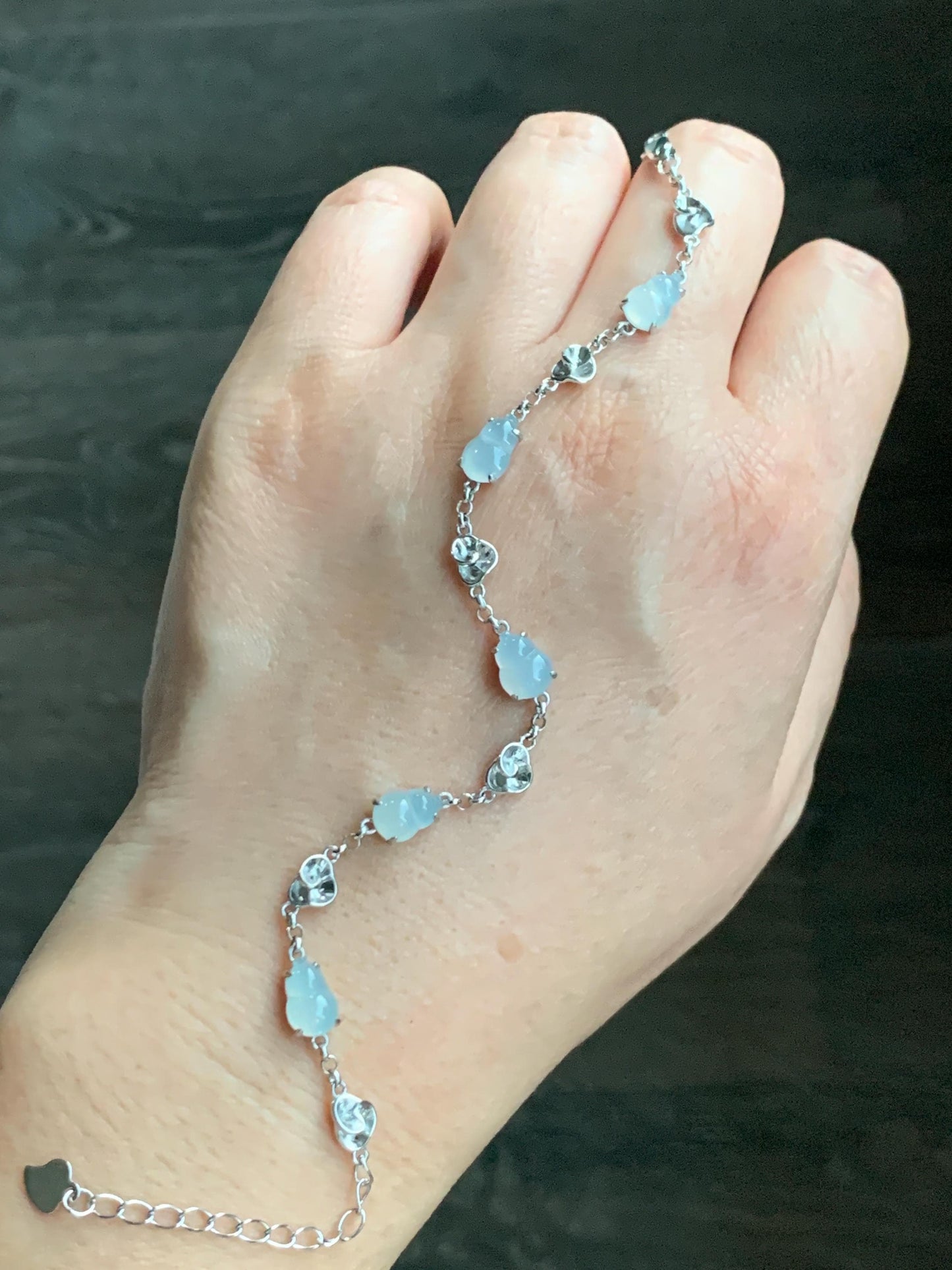 Certified Natural Grade A Icy Highly Translucent White Jade Jadeite Gourd Hulu Bracelet Sterling Silver 6.25-7.75” 天然冰胶起光白翡翠葫芦手链 165