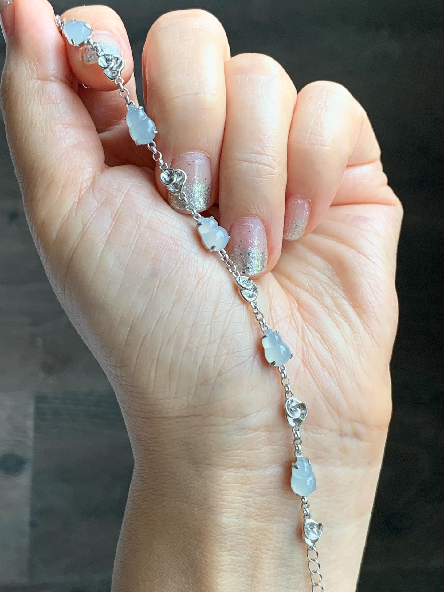Certified Natural Grade A Icy Highly Translucent White Jade Jadeite Gourd Hulu Bracelet Sterling Silver 6.25-7.75” 天然冰胶起光白翡翠葫芦手链 165