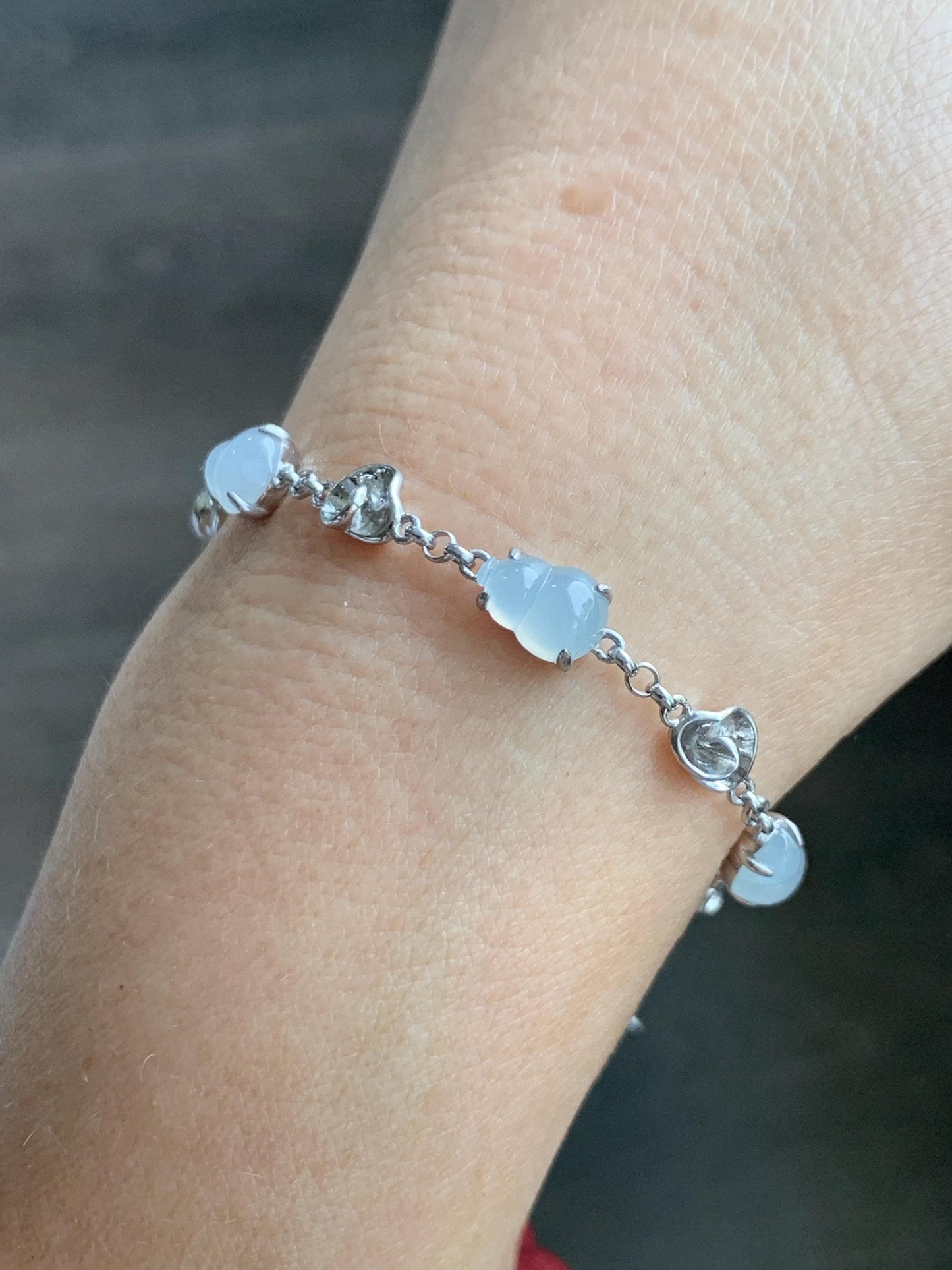 Certified Natural Grade A Icy Highly Translucent White Jade Jadeite Gourd Hulu Bracelet Sterling Silver 6.25-7.75” 天然冰胶起光白翡翠葫芦手链 165