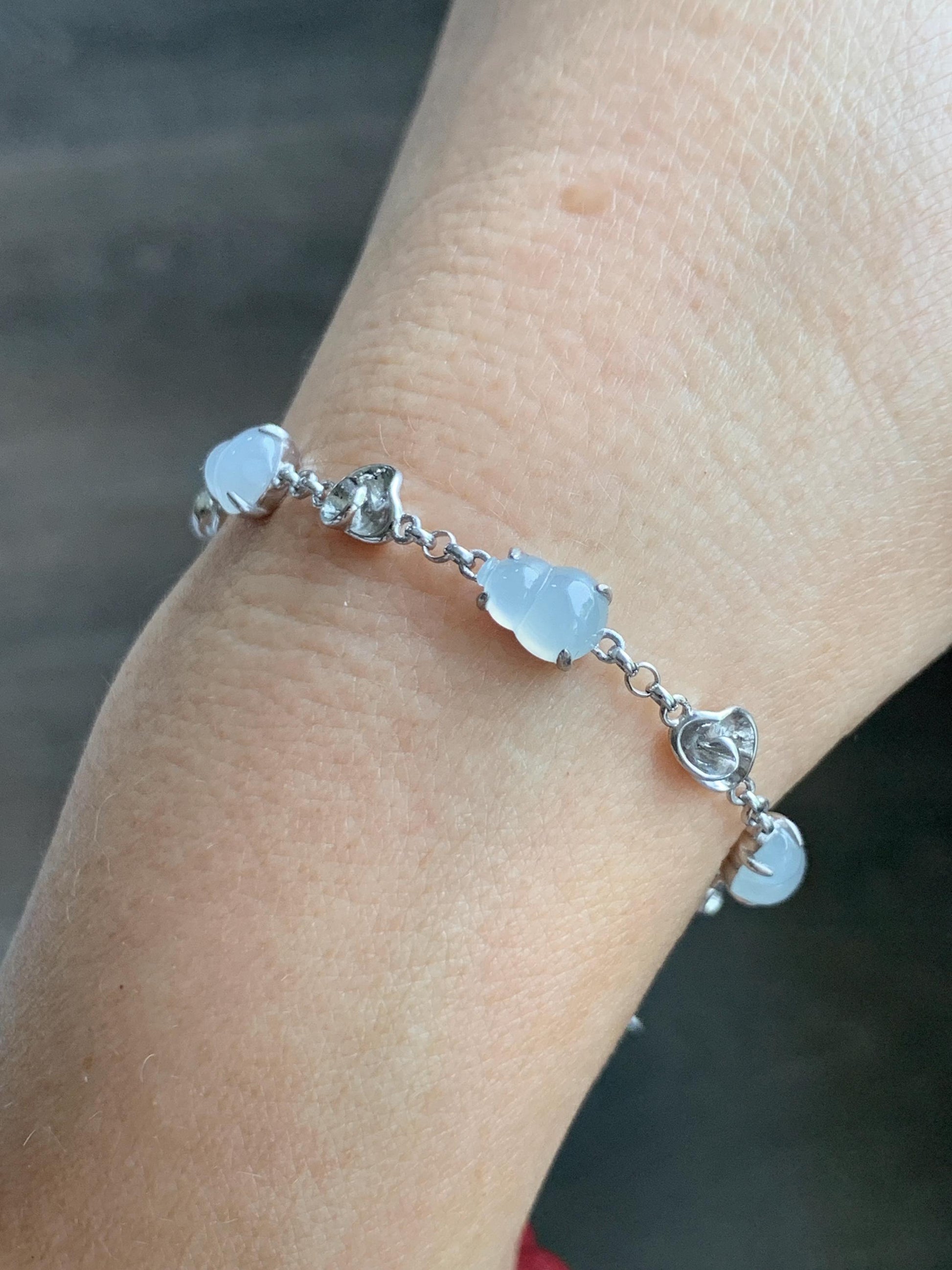 Certified Natural Grade A Icy Highly Translucent White Jade Jadeite Gourd Hulu Bracelet Sterling Silver 6.25-7.75” 天然冰胶起光白翡翠葫芦手链 165