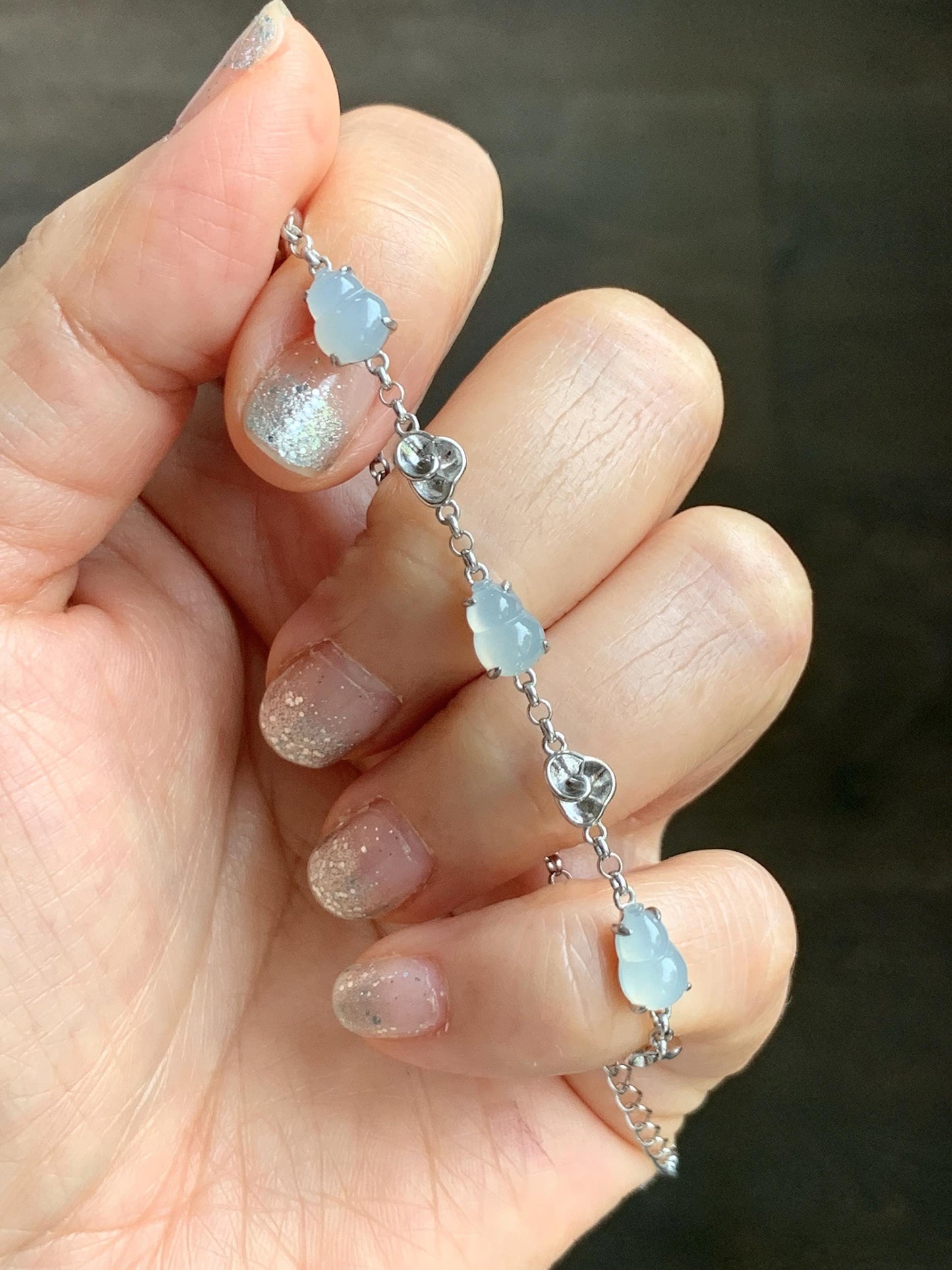 Certified Natural Grade A Icy Highly Translucent White Jade Jadeite Gourd Hulu Bracelet Sterling Silver 6.25-7.75” 天然冰胶起光白翡翠葫芦手链 165