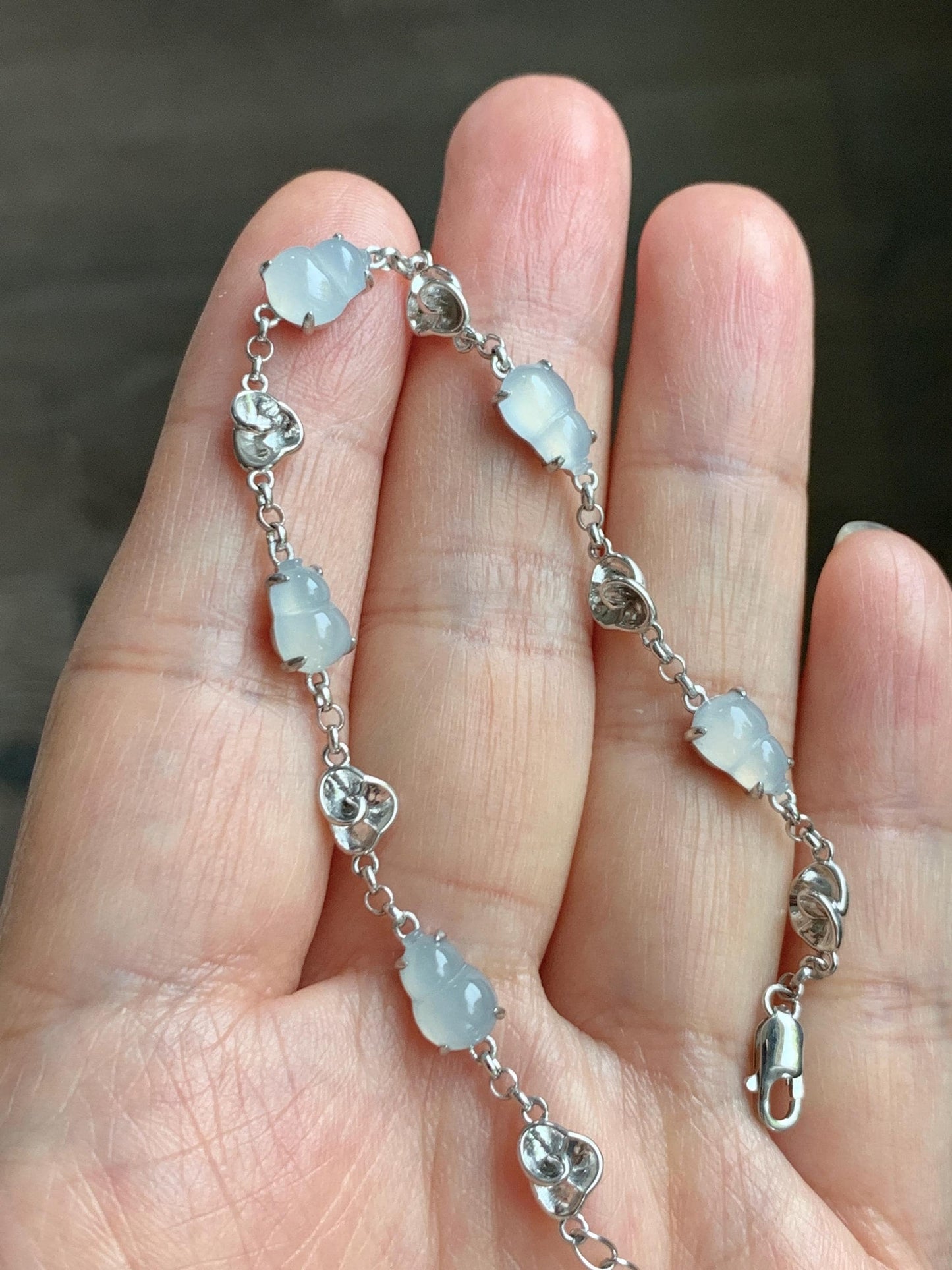 Certified Natural Grade A Icy Highly Translucent White Jade Jadeite Gourd Hulu Bracelet Sterling Silver 6.25-7.75” 天然冰胶起光白翡翠葫芦手链 165
