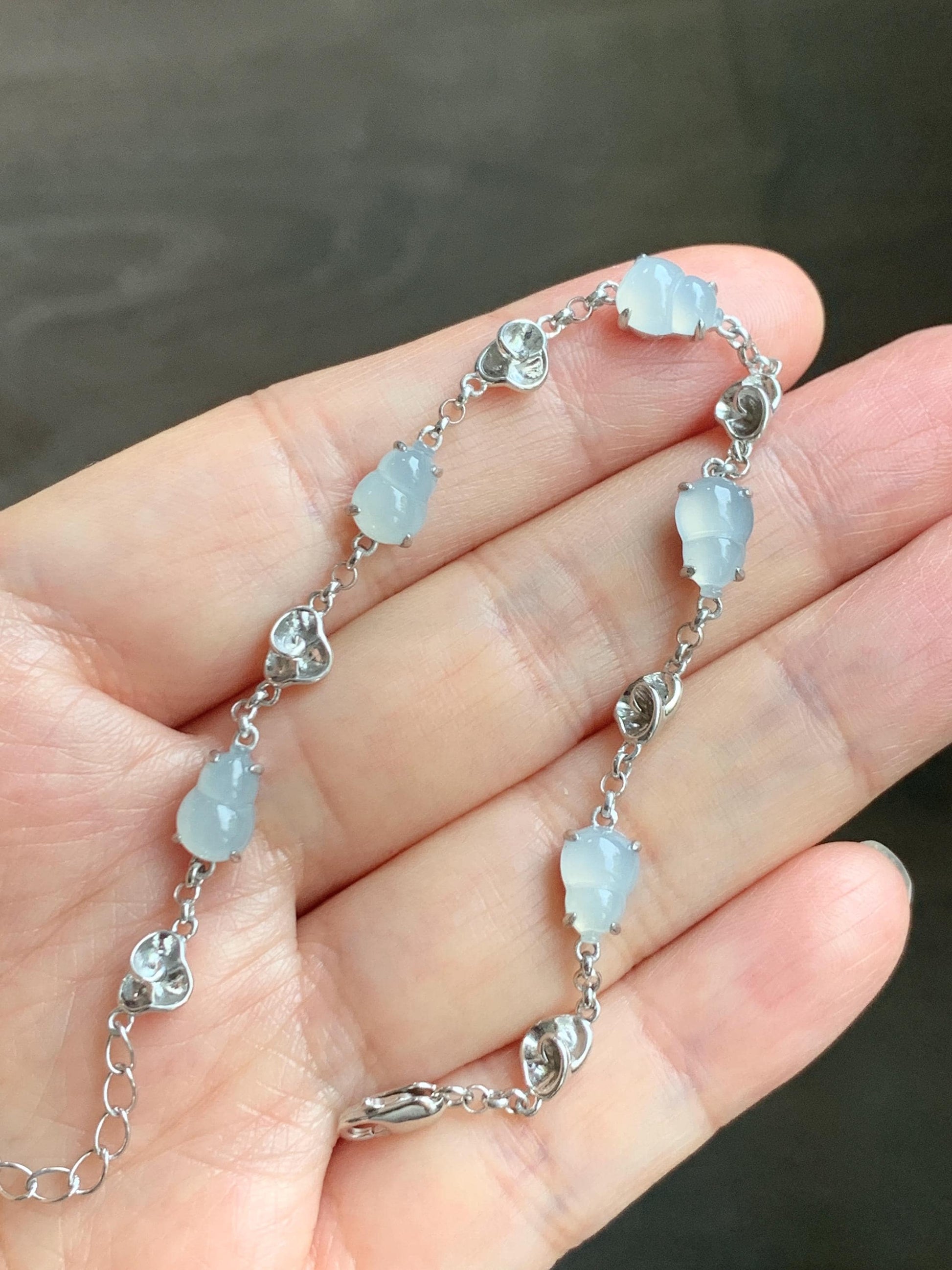 Certified Natural Grade A Icy Highly Translucent White Jade Jadeite Gourd Hulu Bracelet Sterling Silver 6.25-7.75” 天然冰胶起光白翡翠葫芦手链 165