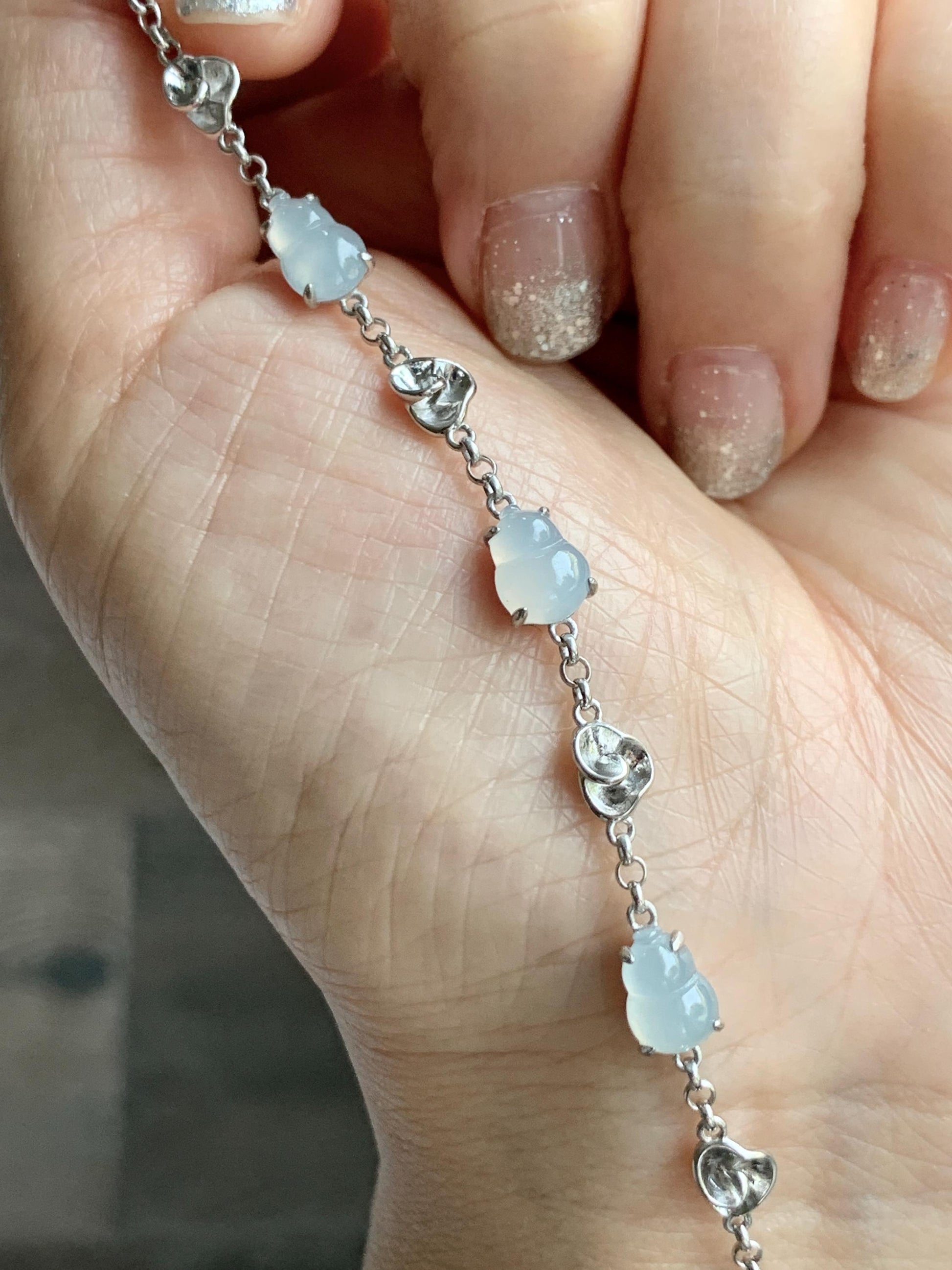 Certified Natural Grade A Icy Highly Translucent White Jade Jadeite Gourd Hulu Bracelet Sterling Silver 6.25-7.75” 天然冰胶起光白翡翠葫芦手链 165