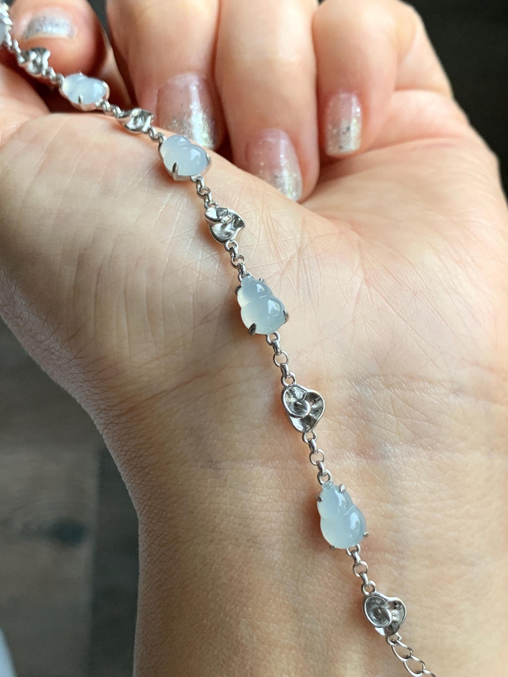 Certified Natural Grade A Icy Highly Translucent White Jade Jadeite Gourd Hulu Bracelet Sterling Silver 6.25-7.75” 天然冰胶起光白翡翠葫芦手链 165