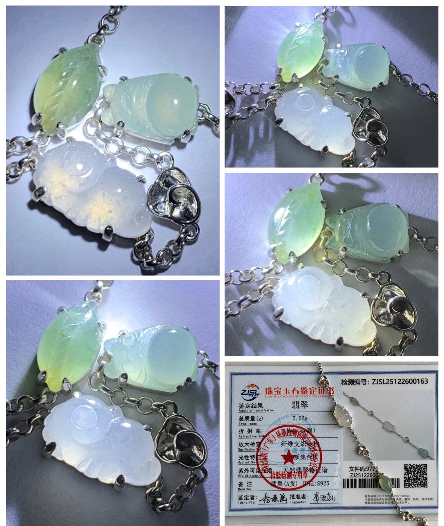 Certified Natural Grade A Icy Translucent Jade Jadeite Dumpling Seahorse Totoro Charms Bracelet Sterling Silver 6.25-7.75” 天然冰胶多宝翡翠手链 163