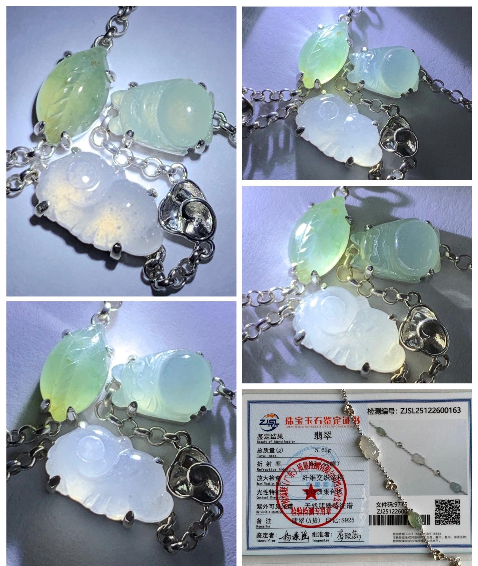 Certified Natural Grade A Icy Translucent Jade Jadeite Dumpling Seahorse Totoro Charms Bracelet Sterling Silver 6.25-7.75” 天然冰胶多宝翡翠手链 163