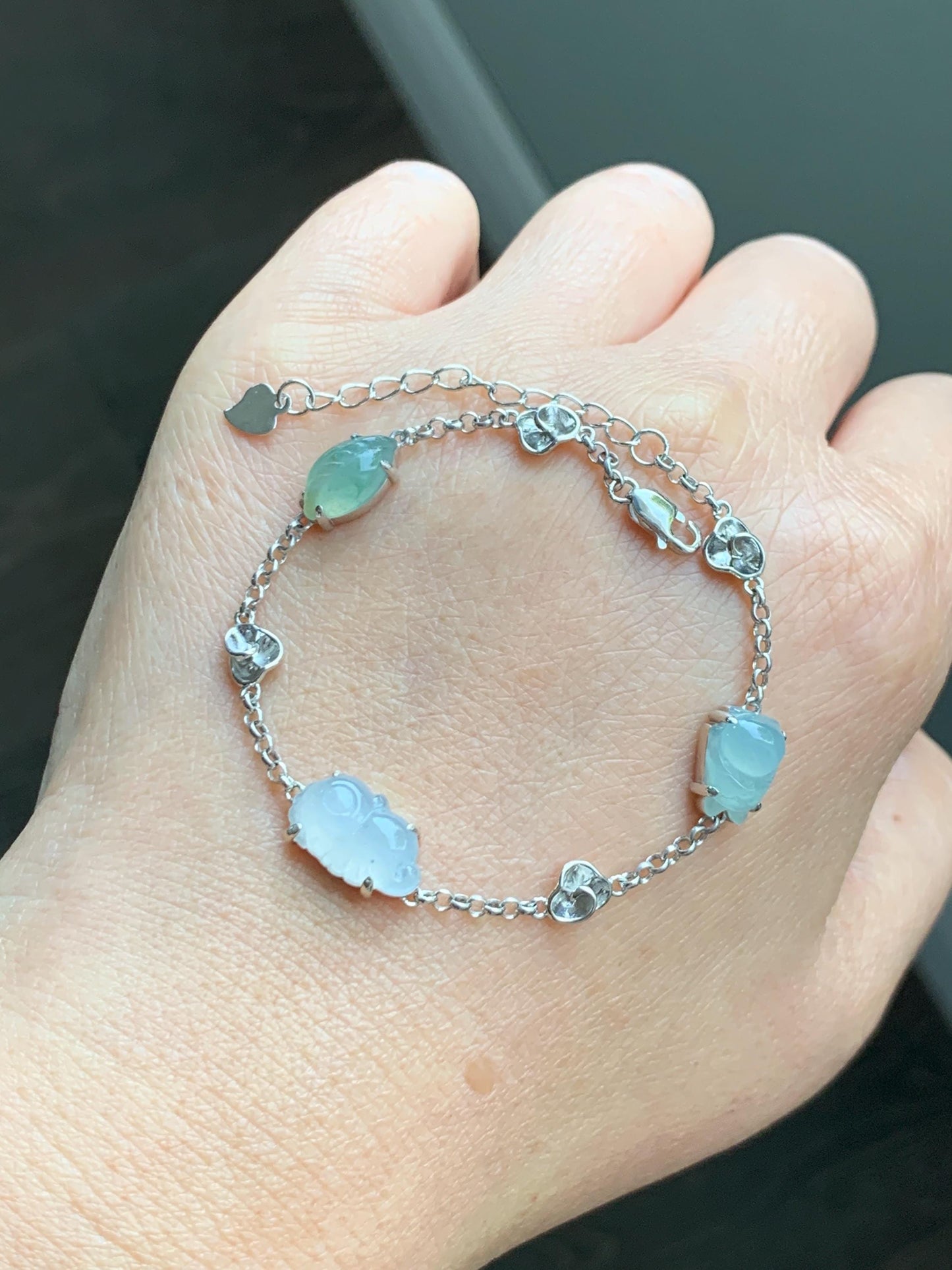 Certified Natural Grade A Icy Translucent Jade Jadeite Dumpling Seahorse Totoro Charms Bracelet Sterling Silver 6.25-7.75” 天然冰胶多宝翡翠手链 163