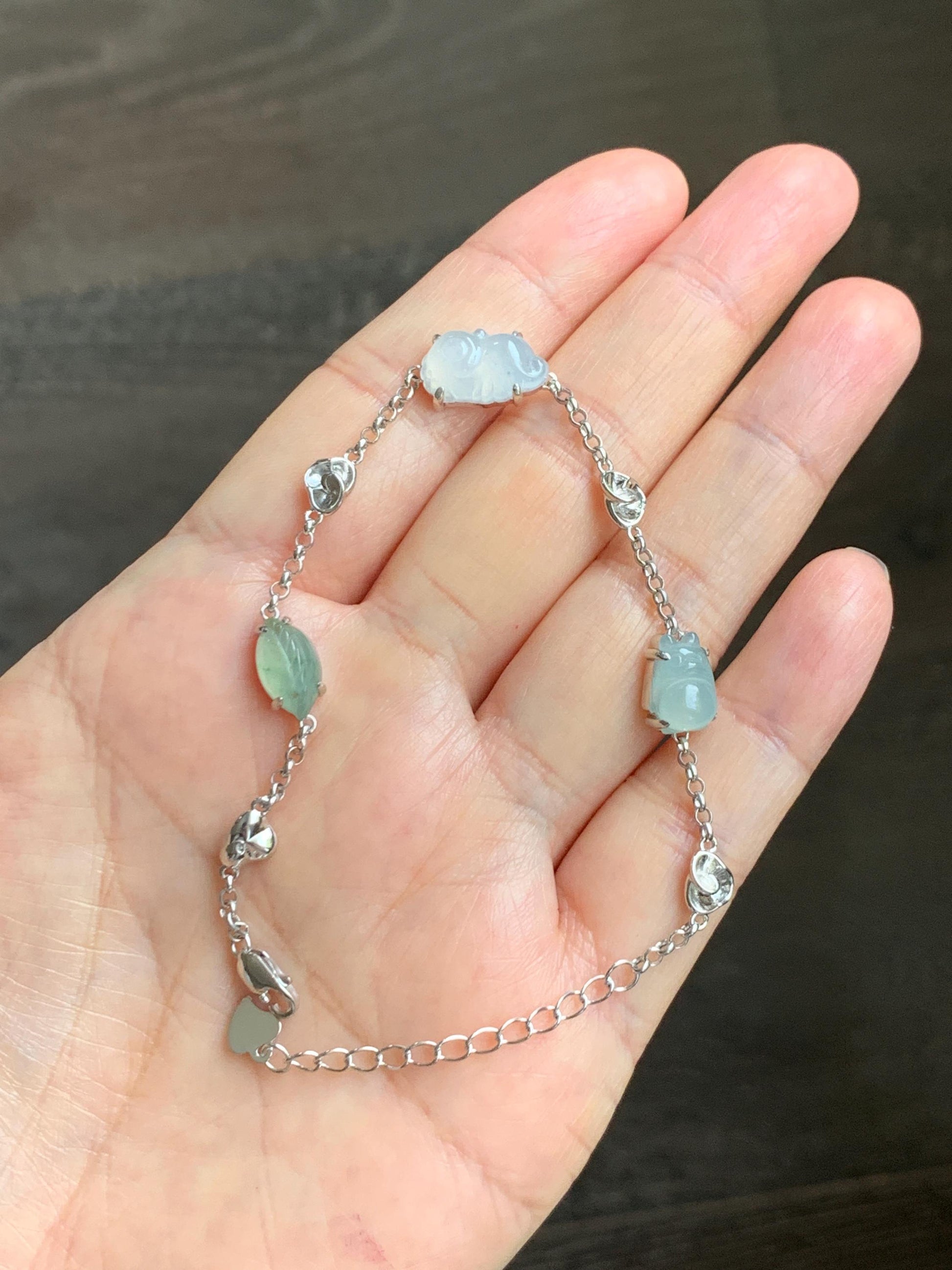 Certified Natural Grade A Icy Translucent Jade Jadeite Dumpling Seahorse Totoro Charms Bracelet Sterling Silver 6.25-7.75” 天然冰胶多宝翡翠手链 163