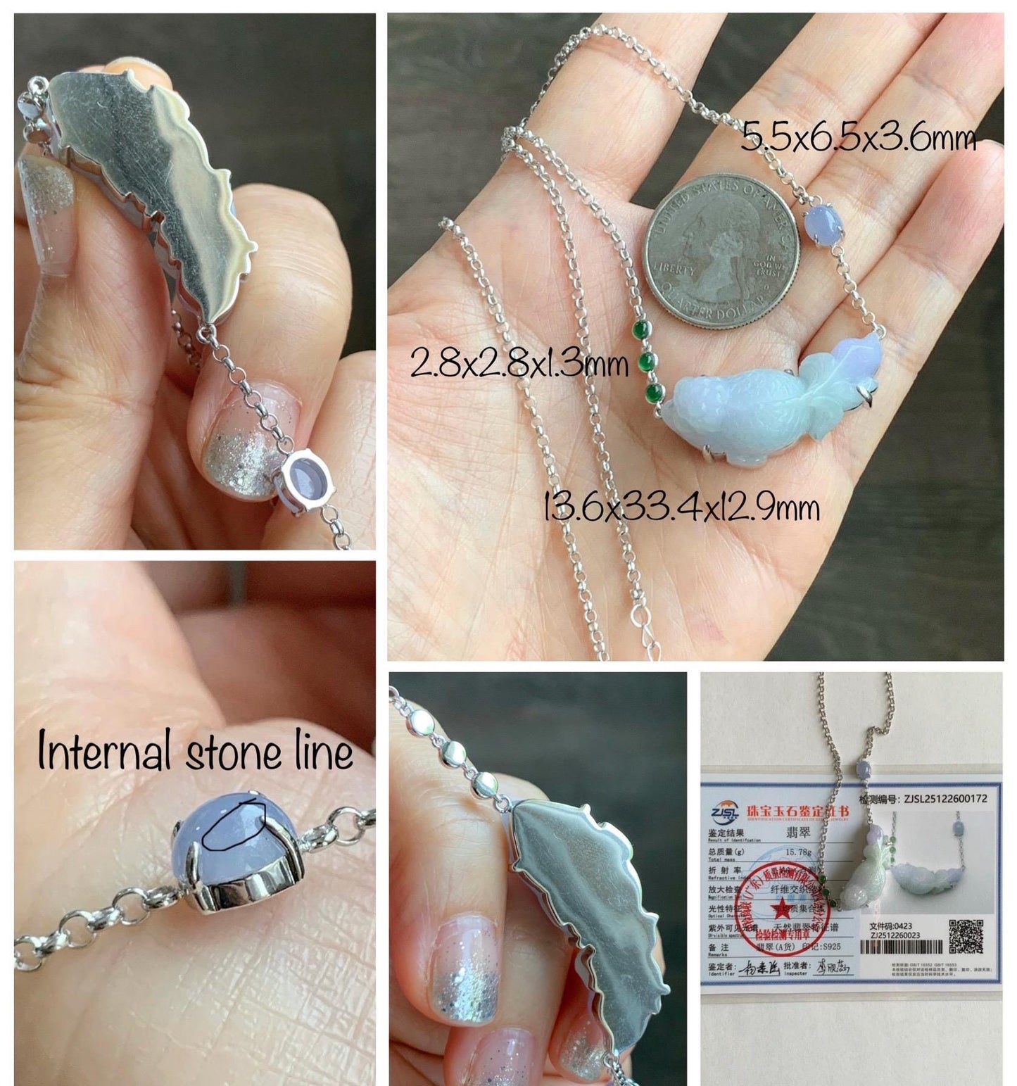 Certified Natural Grade A Icy Translucent Pastel Green Purple Jade Jadeite Goldfish Pendant Necklace Sterling Silver 16.5" 天然冰春彩翡翠金鱼锁骨链 172