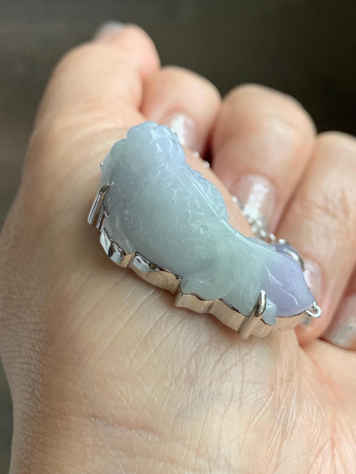 Certified Natural Grade A Icy Translucent Pastel Green Purple Jade Jadeite Goldfish Pendant Necklace Sterling Silver 16.5" 天然冰春彩翡翠金鱼锁骨链 172