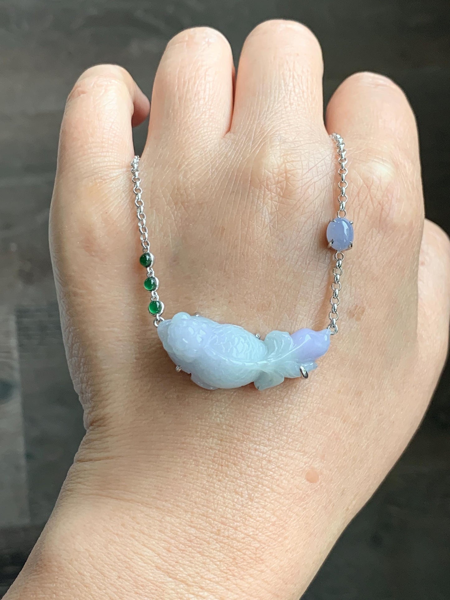 Certified Natural Grade A Icy Translucent Pastel Green Purple Jade Jadeite Goldfish Pendant Necklace Sterling Silver 16.5" 天然冰春彩翡翠金鱼锁骨链 172