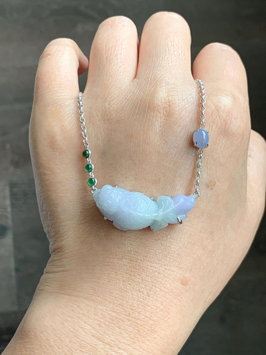 Certified Natural Grade A Icy Translucent Pastel Green Purple Jade Jadeite Goldfish Pendant Necklace Sterling Silver 16.5" 天然冰春彩翡翠金鱼锁骨链 172