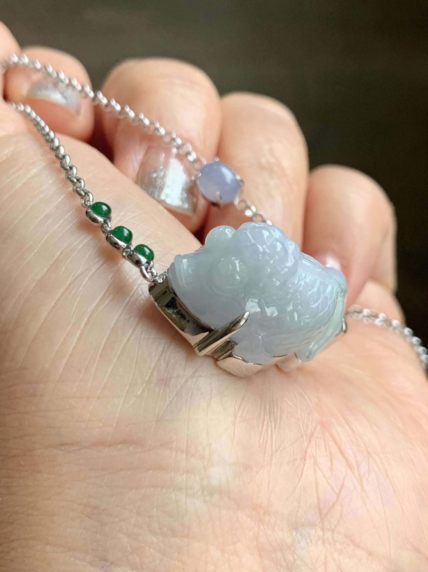 Certified Natural Grade A Icy Translucent Pastel Green Purple Jade Jadeite Goldfish Pendant Necklace Sterling Silver 16.5" 天然冰春彩翡翠金鱼锁骨链 172