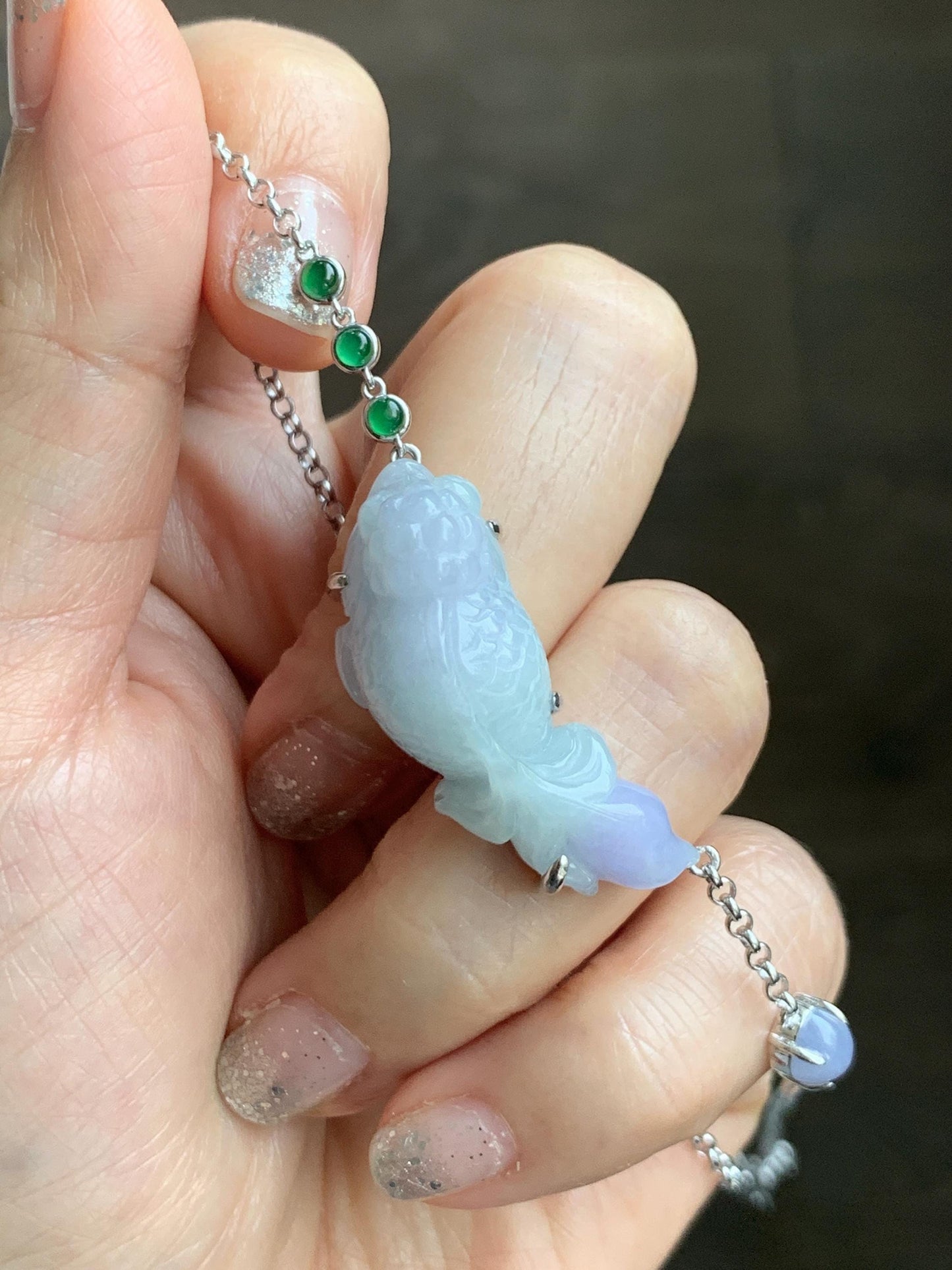 Certified Natural Grade A Icy Translucent Pastel Green Purple Jade Jadeite Goldfish Pendant Necklace Sterling Silver 16.5" 天然冰春彩翡翠金鱼锁骨链 172