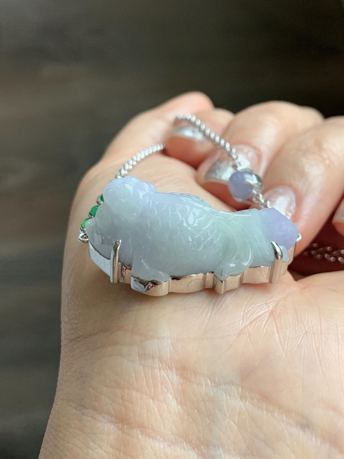 Certified Natural Grade A Icy Translucent Pastel Green Purple Jade Jadeite Goldfish Pendant Necklace Sterling Silver 16.5" 天然冰春彩翡翠金鱼锁骨链 172