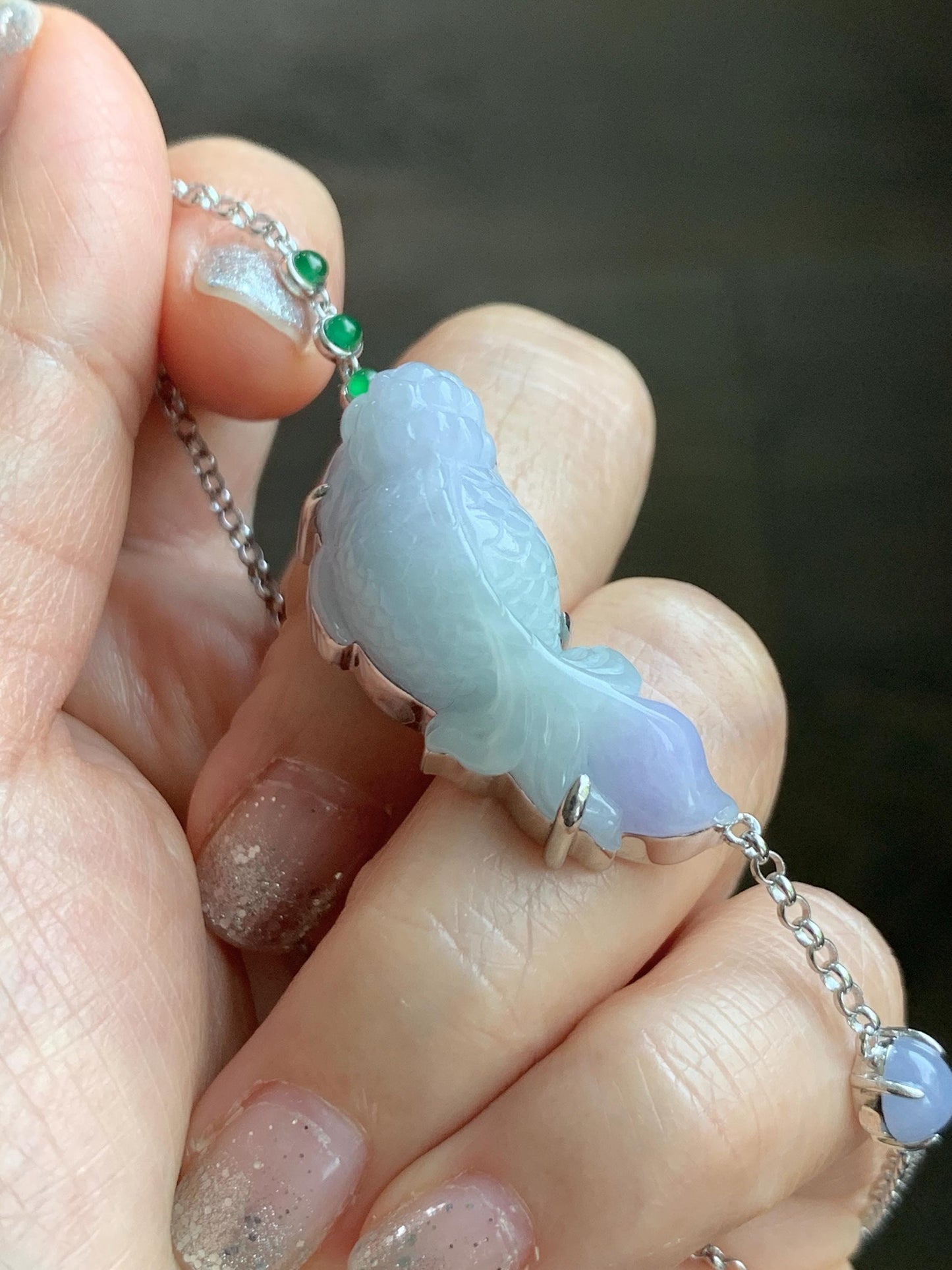 Certified Natural Grade A Icy Translucent Pastel Green Purple Jade Jadeite Goldfish Pendant Necklace Sterling Silver 16.5" 天然冰春彩翡翠金鱼锁骨链 172