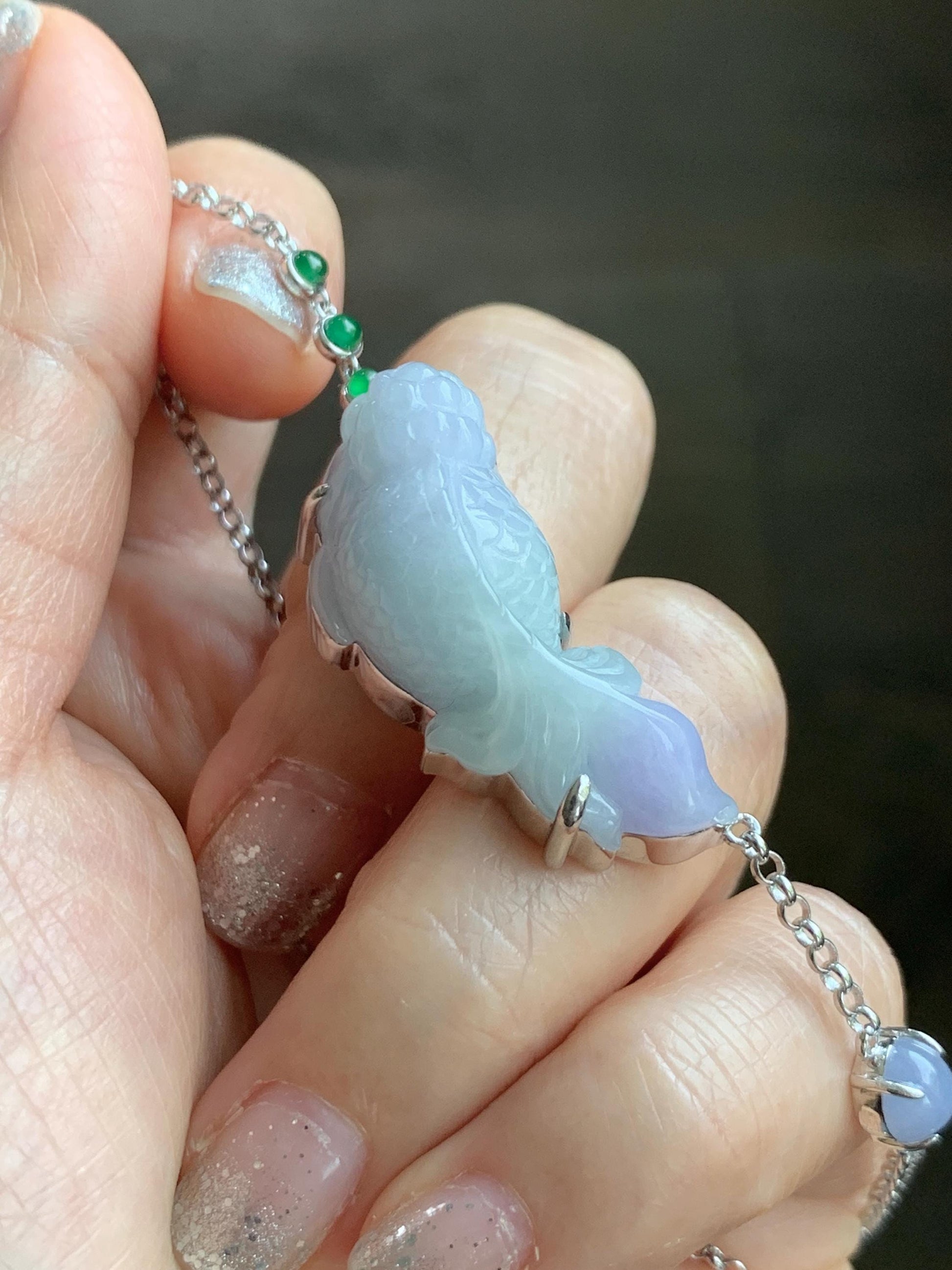 Certified Natural Grade A Icy Translucent Pastel Green Purple Jade Jadeite Goldfish Pendant Necklace Sterling Silver 16.5" 天然冰春彩翡翠金鱼锁骨链 172